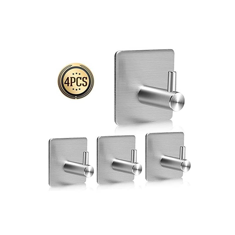 Adhesive Hooks,  [4 Pack] Heavy Duty Durable 304 Stainless Steel Wall Hangers, Waterproof Rustproof Oil Proof for Kitchen, Bathrooms, Doors, Office, Closet-Silver