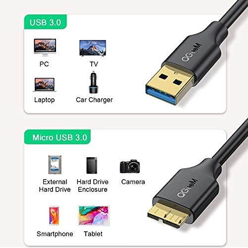 Micro USB 3.0 Cable 3FT,QGeeM USB 3.0 A to Micro B Cable Charger Compatible with Samsung Galaxy S5, Note 3, Note Pro 12.2, WD Western Digital My Passport and Elements Hard Drives, 3.0 USB Cable