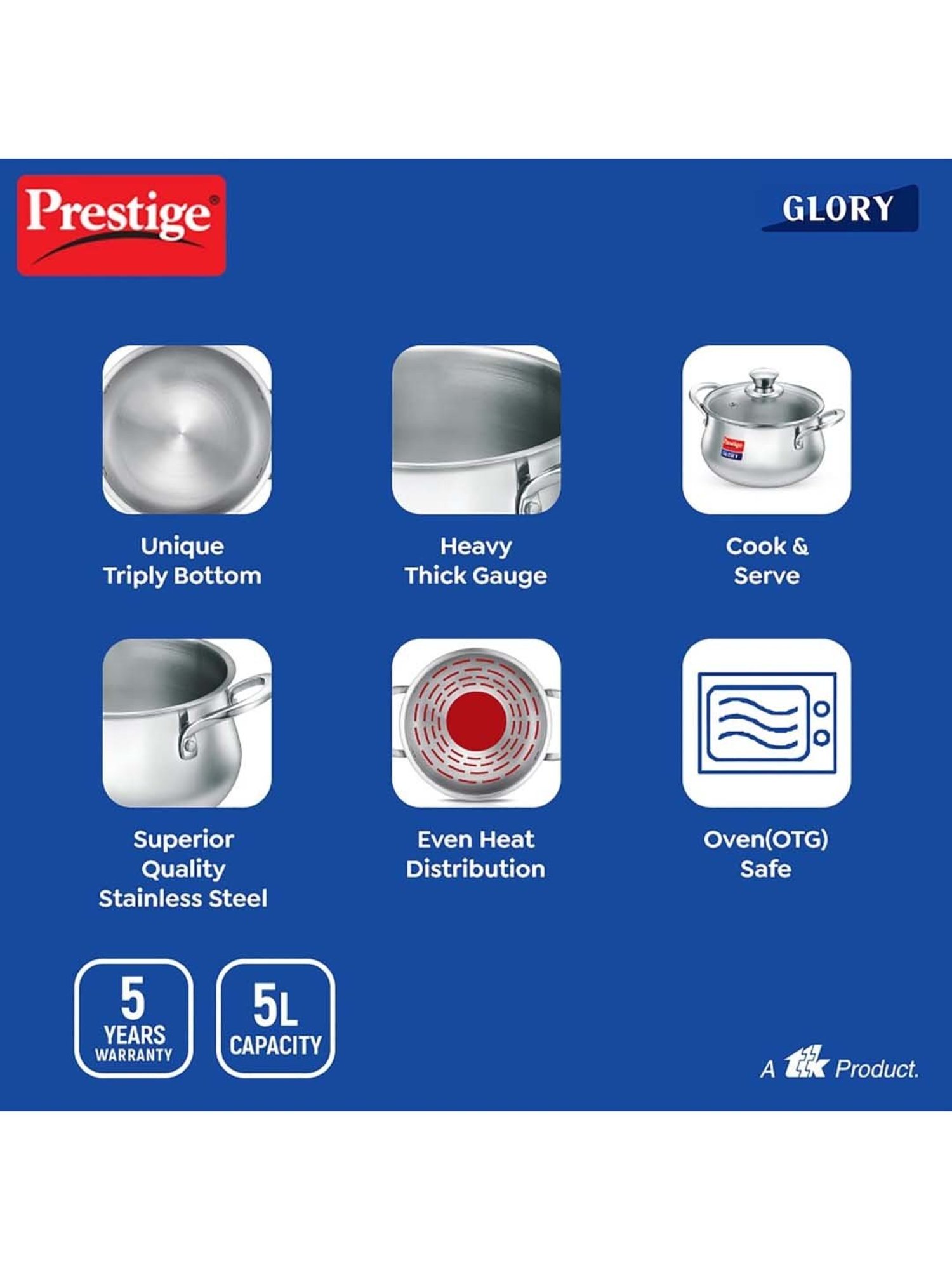 Prestige Silver Stainless Steel 22 cm Glory Cookware Handi With Glass Lid (5 L)