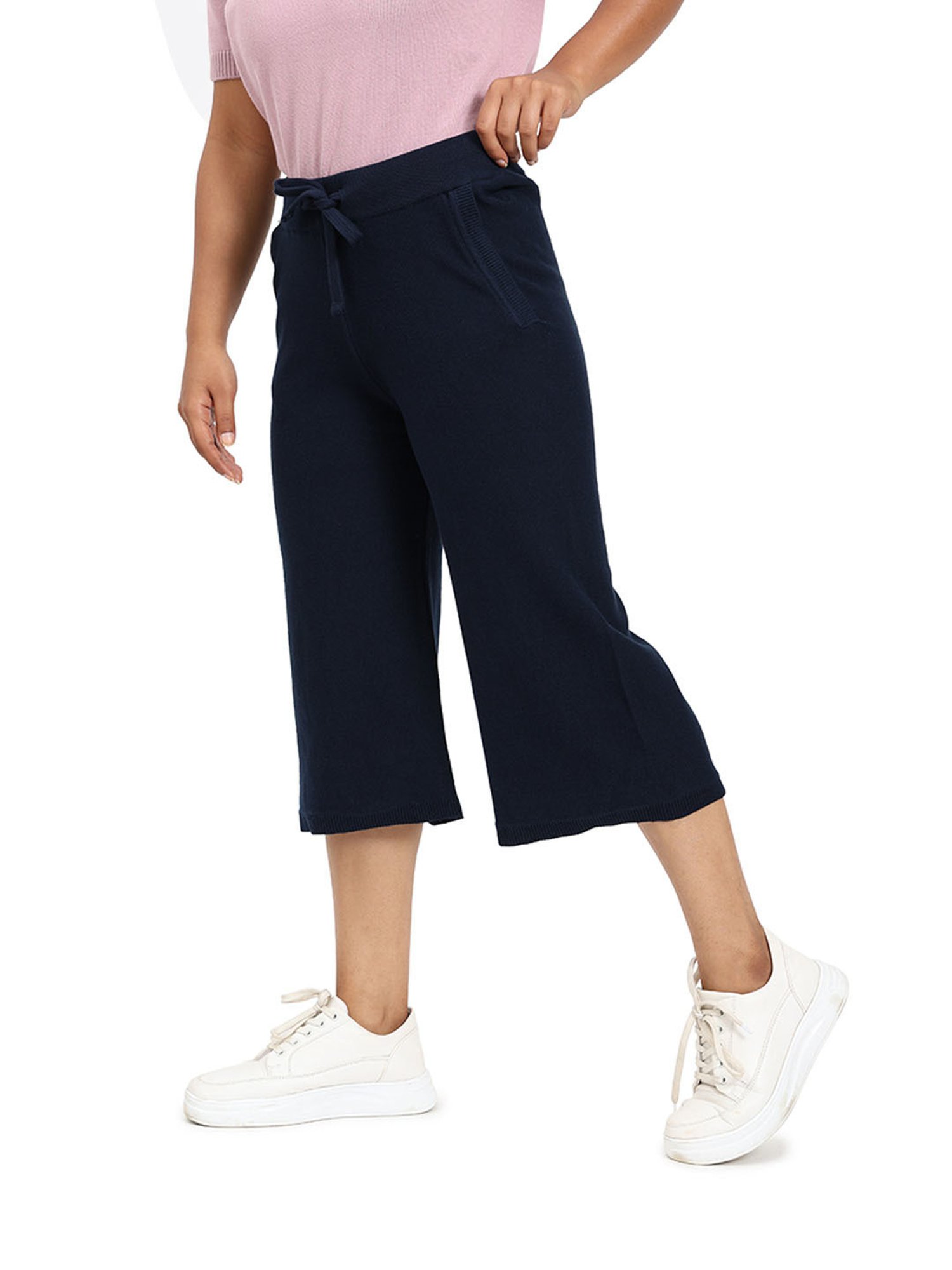 BlissClub Women Navy Mid Rise Cotton Culottes With Two Pockets