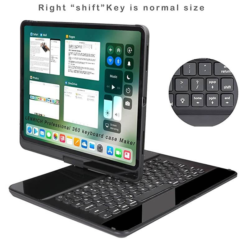 iPad pro 129 case with Keyboard 2018 3rd Gen Backlit7 Color Backlight 360 Rotatable Wireless Smart Folio 180 flip Swivel Stand Hard Shell Cover Auto SleepWake Black