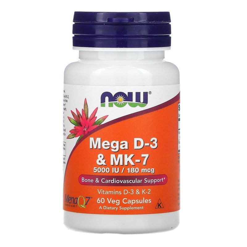 Now Foods Mega D-3 & MK-7, 180 mcg (5,000 IU), 60 Veg Capsules, Vitamin D