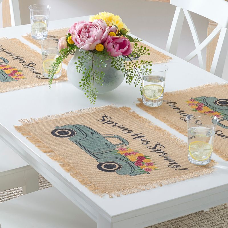Farmhouse Living Spring Has Sprung Vintage Farm Truck Burlap Placemat - Set of 4 - 13" x 19" - Natural - Elrene Home Fashions