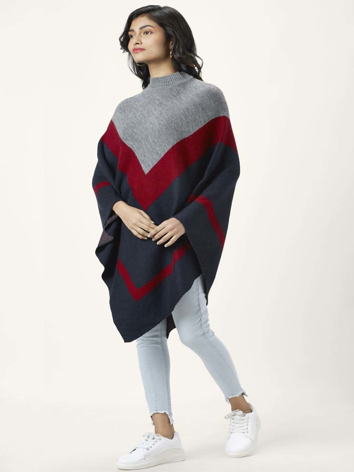 Honey by Pantaloons Maroon & Grey Jacquard Pattern Poncho