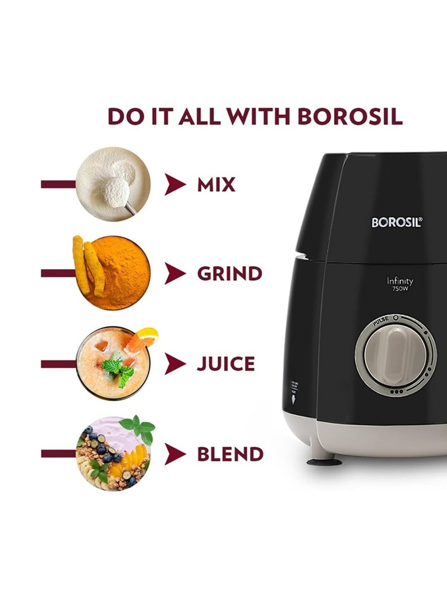 Borosil Stainless Steel Mixer Grinder With 4 Jars ( Black )