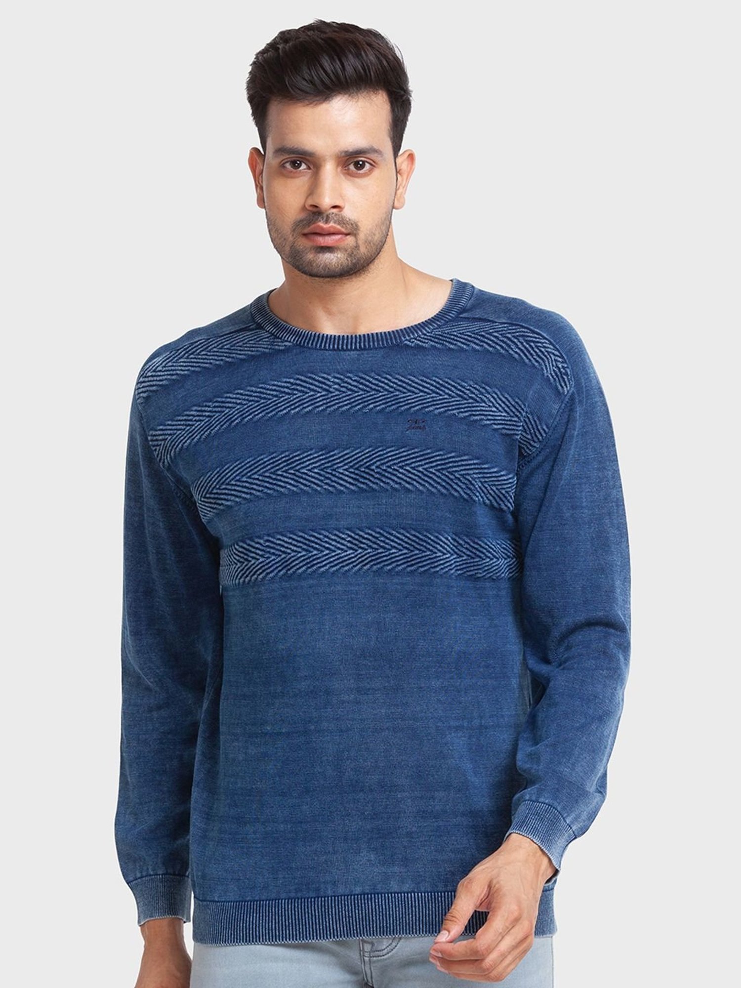 ColorPlus Blue Cotton Tailored Fit Self Pattern Sweaters