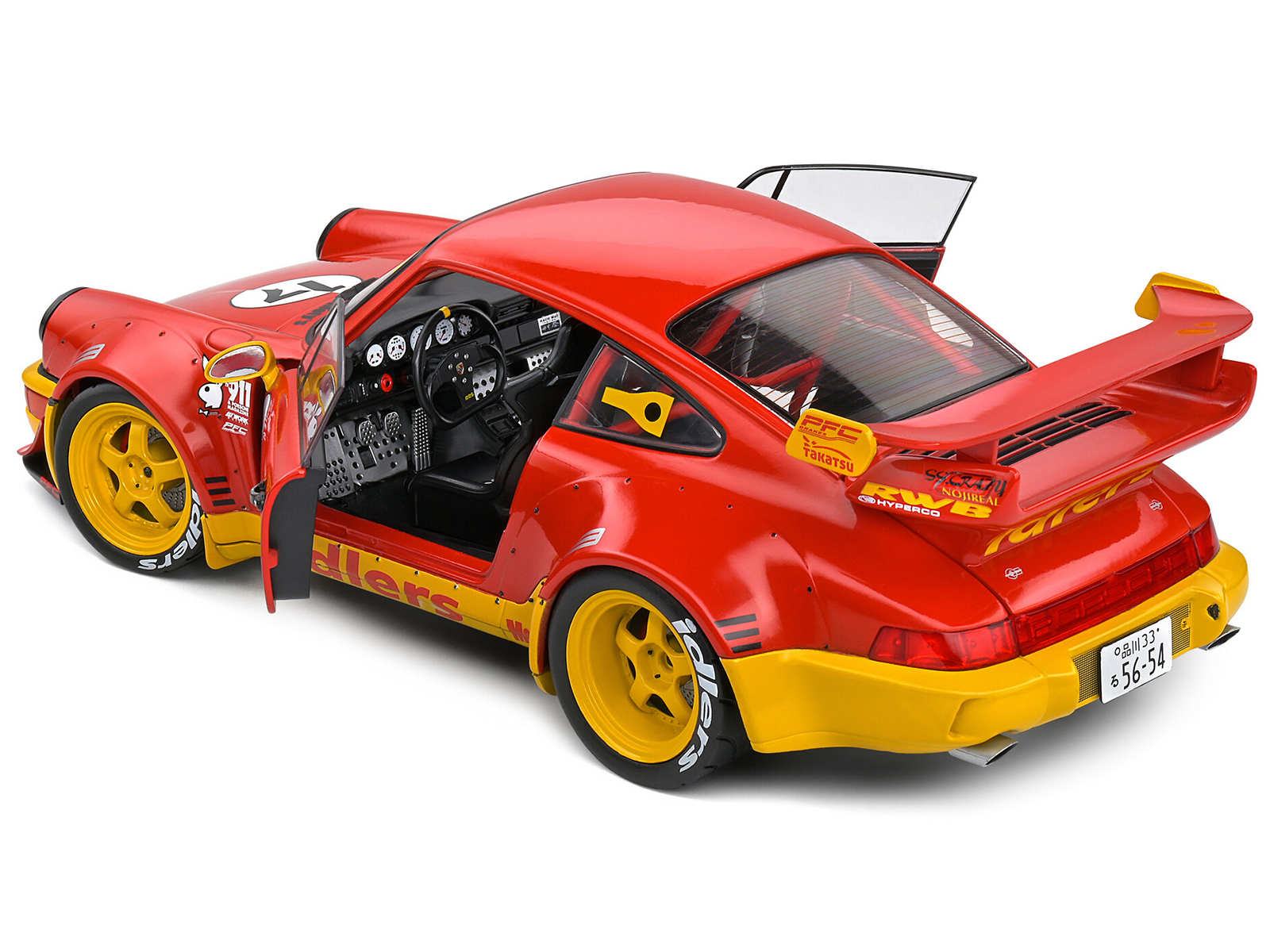 2016 RWB Bodykit #17 "Maty&rsquo;s Idlers" Red and Yellow with Graphics 1/18 Diecast Model Car by Solido