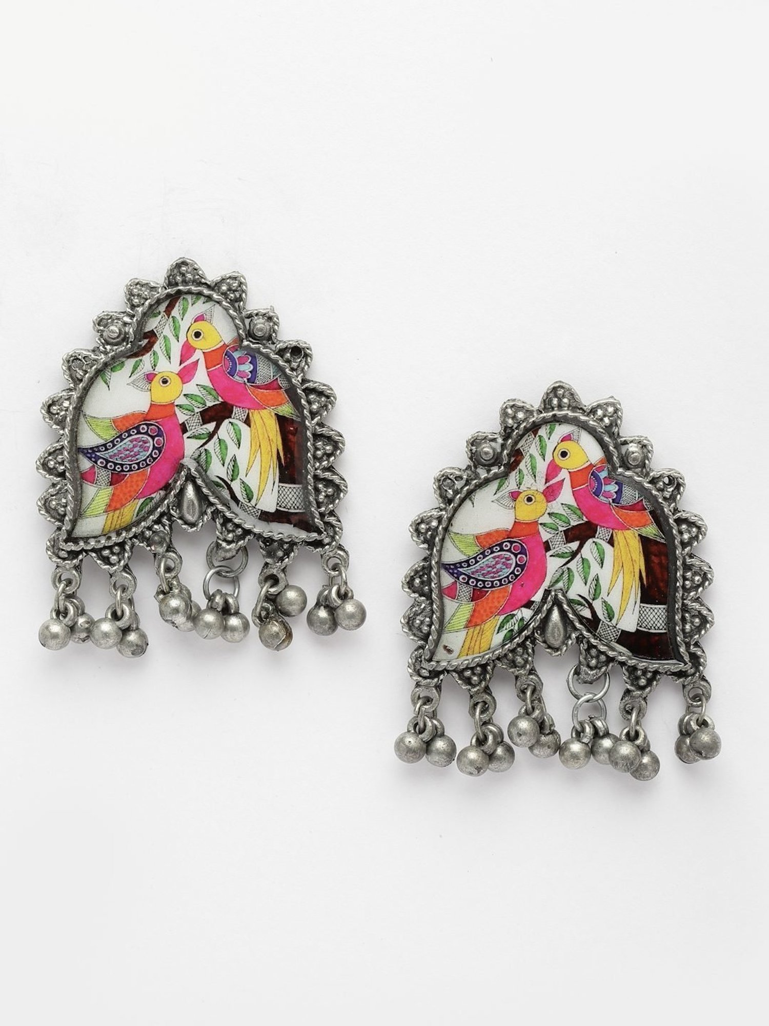 Moedbuille Handcrafted Ghungroo Oxidised Silver Plated Peacock Design Earrings