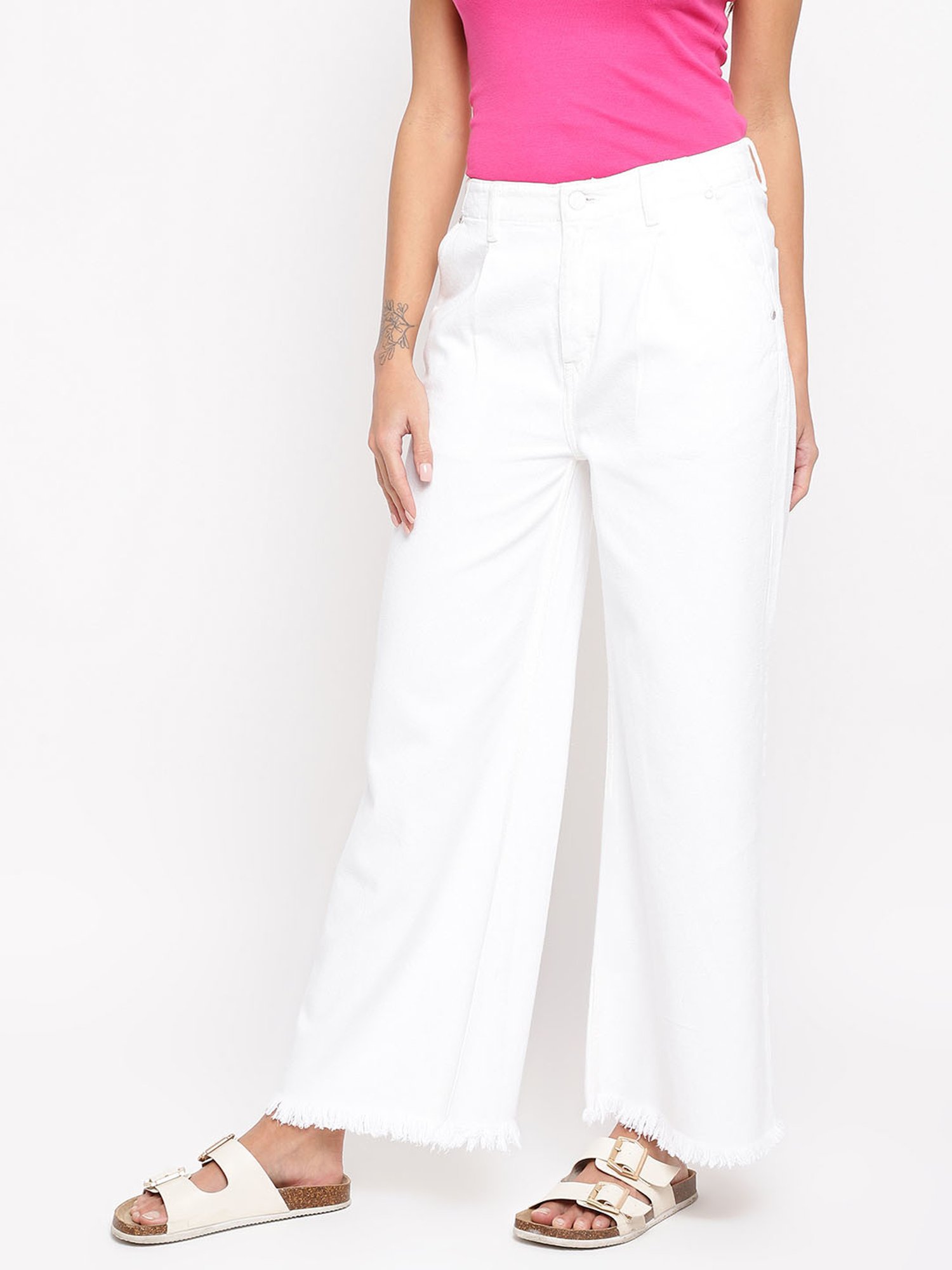 Tales & Stories White Cotton Mid Rise Wide Leg Jeans