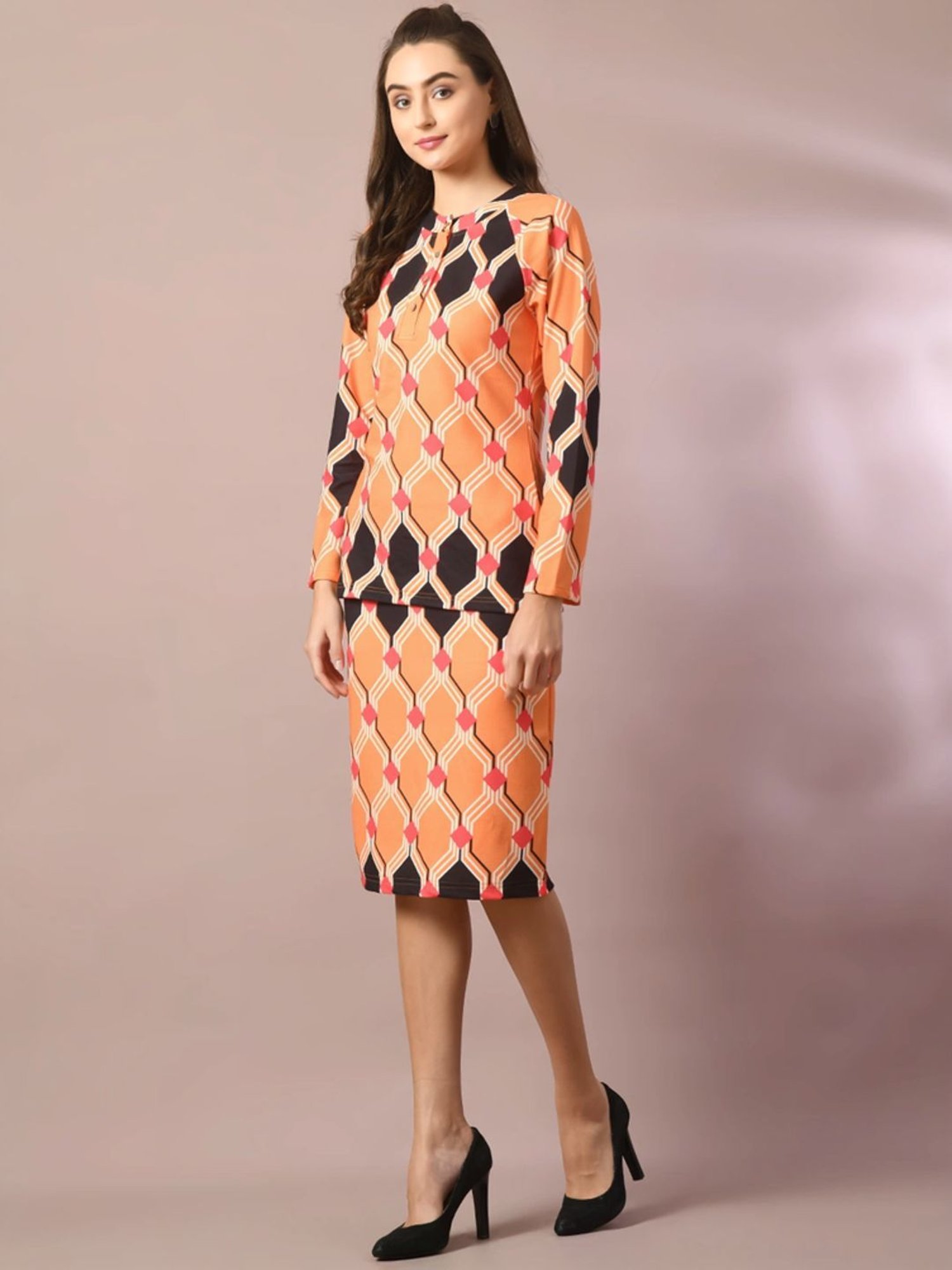 Myshka Orange Printed Bodycon Skirt