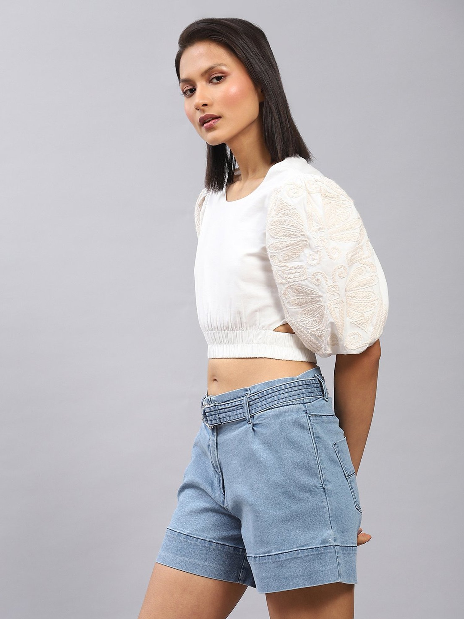 Label Ritu Kumar White Embroidered Crop Top