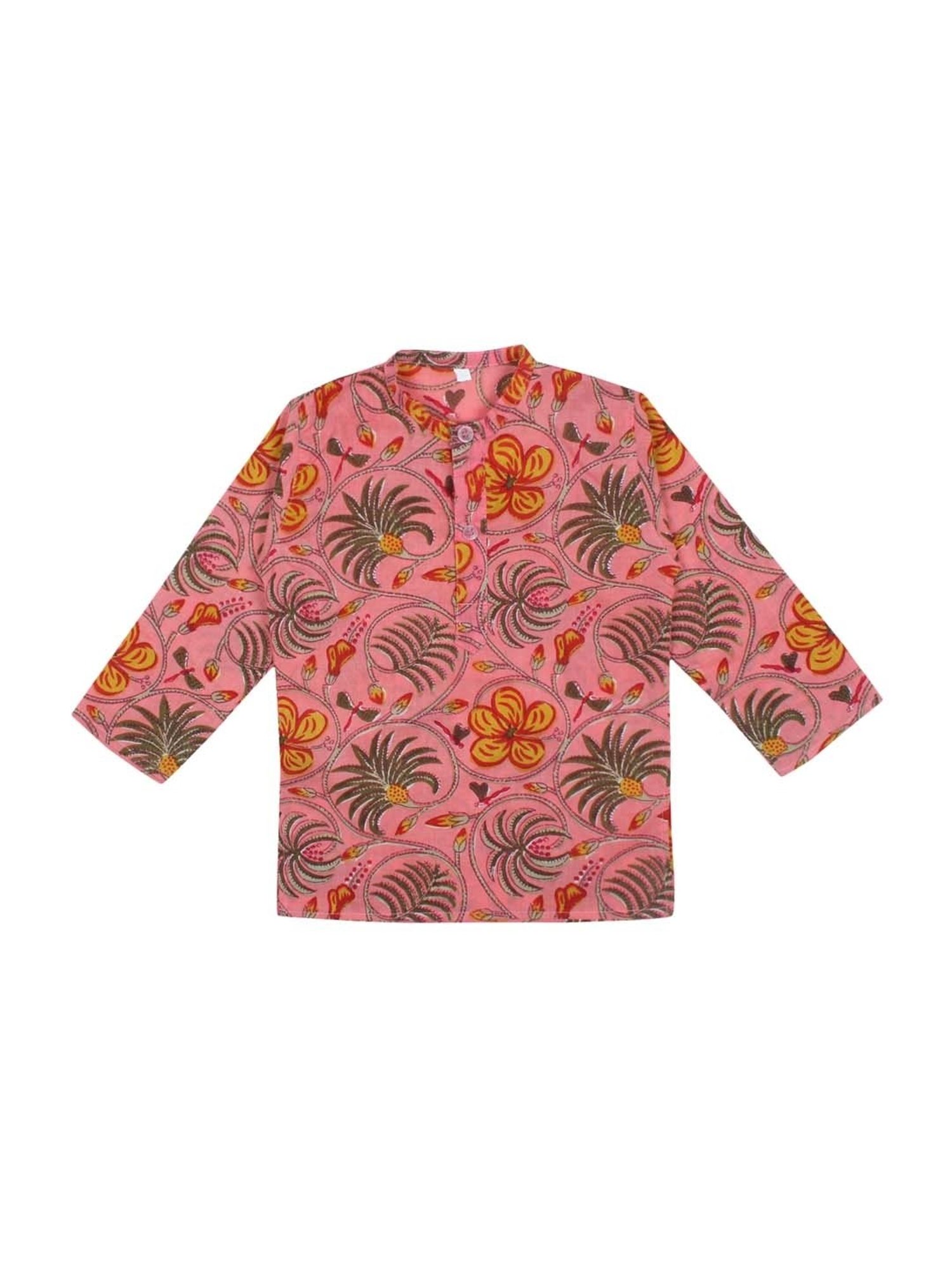 Ahhaaaa Kids Pink & White Cotton Floral Print Kurta Set