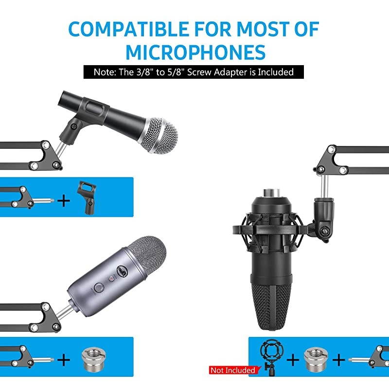 Heavy Duty Microphone Stand with Mic Microphone Windscreen and Dual Layered Mic Pop Filter Suspension Boom Scissor Arm Stands for Blue YetiBlue Spark and Other Mic