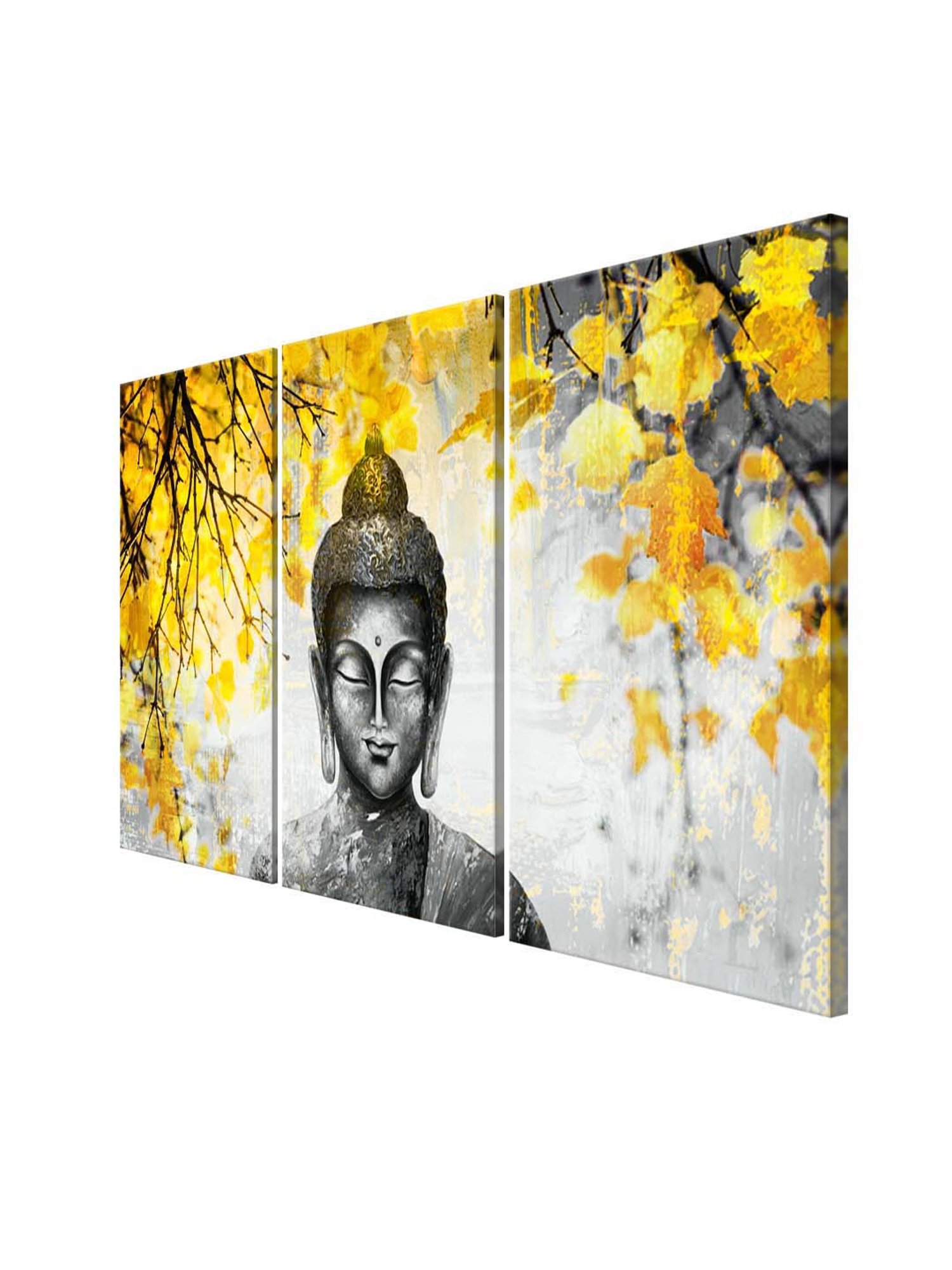 999Store Grey & Yellow Meditating Buddha Art 3 Frame Canvas Paintings