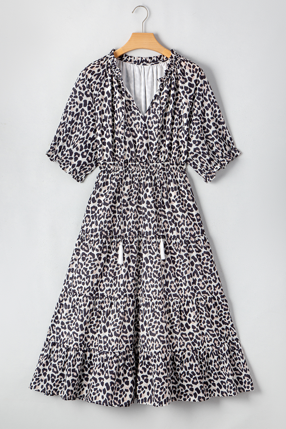 Black Leopard Patchwork Split Neck Ruffle Plus Size Dress