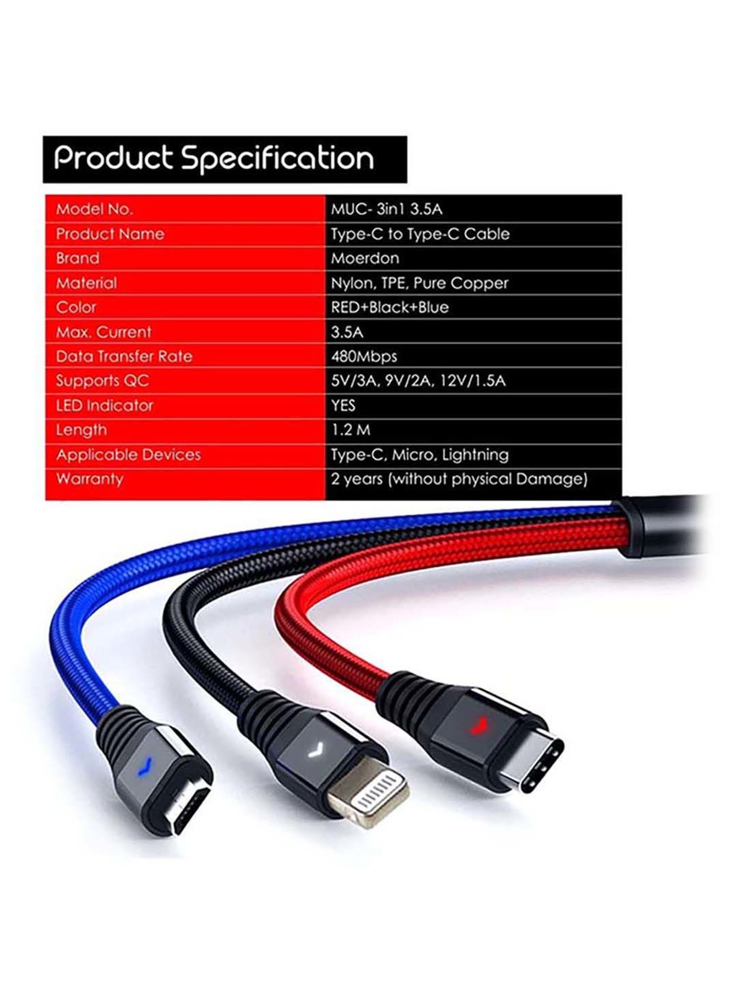 Moerdon MUC - 3in1 3.5A Fast Charging USB Cable with Colorful Indicator (Multicolor)