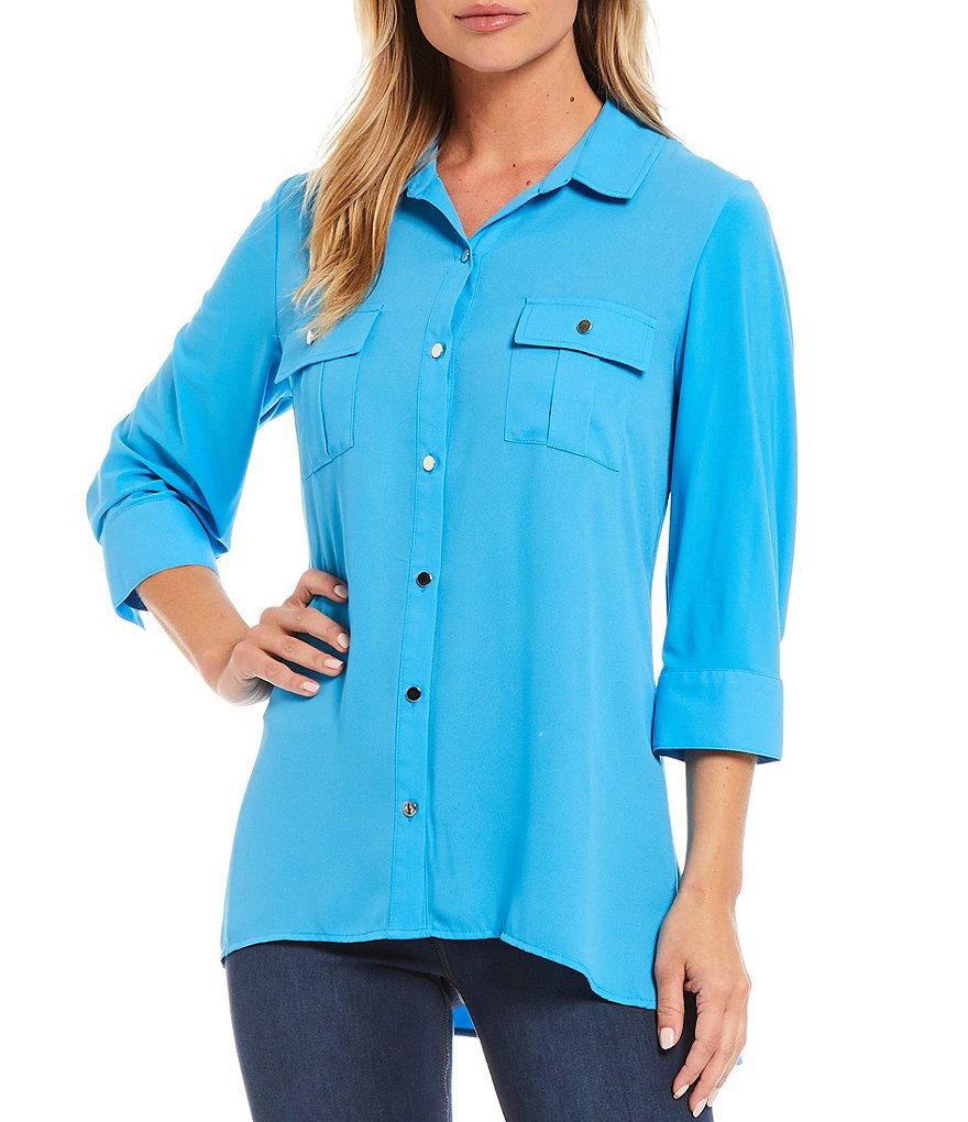 Slim Factor by Investments Bridget 3/4 Sleeve Button Front Hi-Low Top