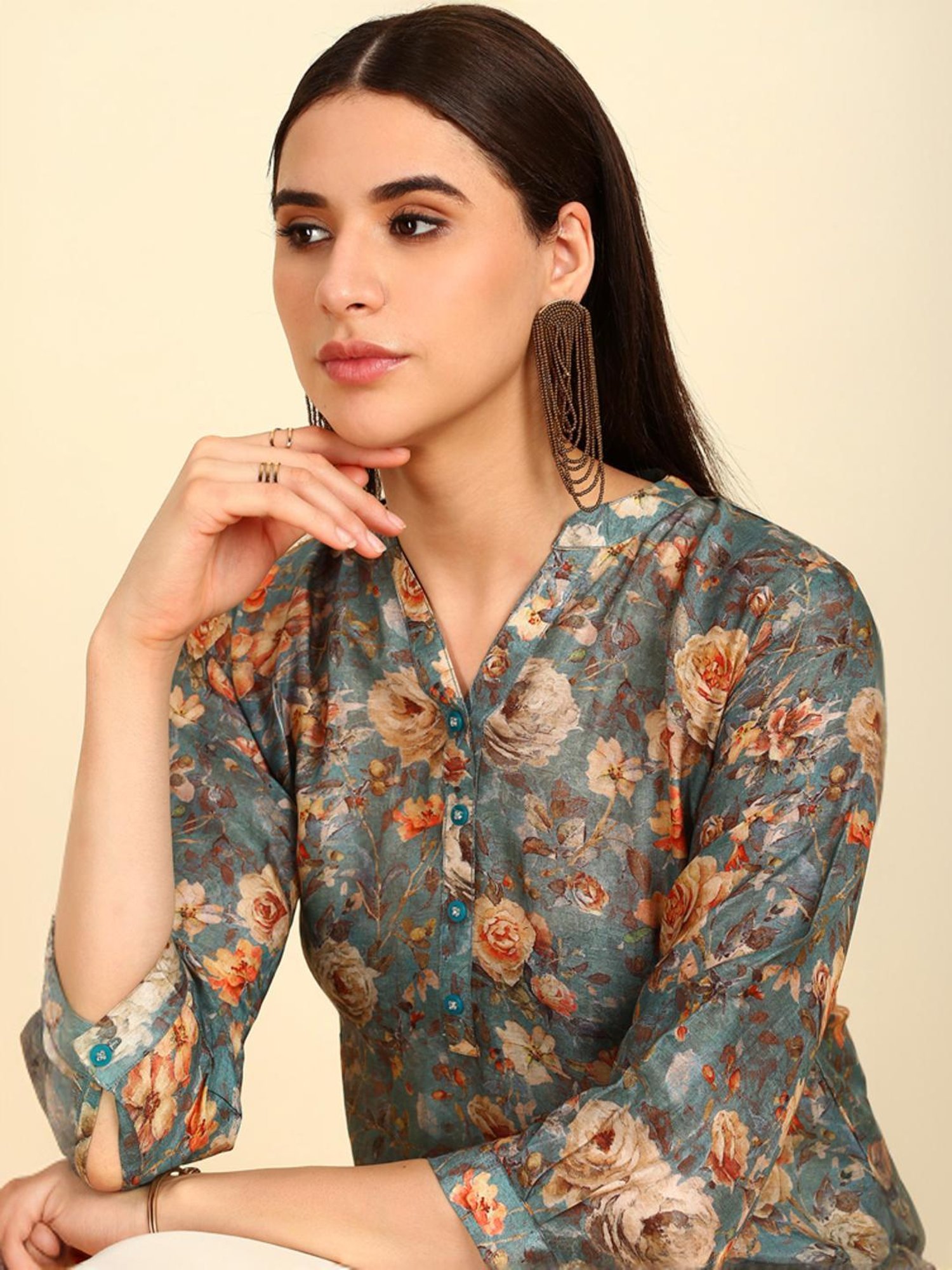 Soch Womens Turquoise Blue Floral Print Mandarin Collar Vicose Muslin Tunic