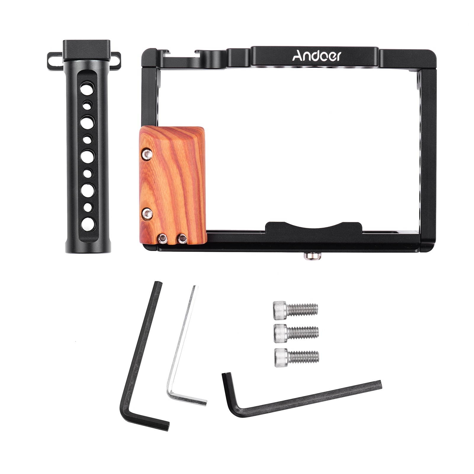 Andoer Aluminum Alloy Camera Cage Kit Protective Vlog Cage with Wooden Hand Grip Metal Top Handle Film Making System with Cold Shoe for Microphone Fill Light Compatible with Fujifilm X-T4 ILDC Camera
