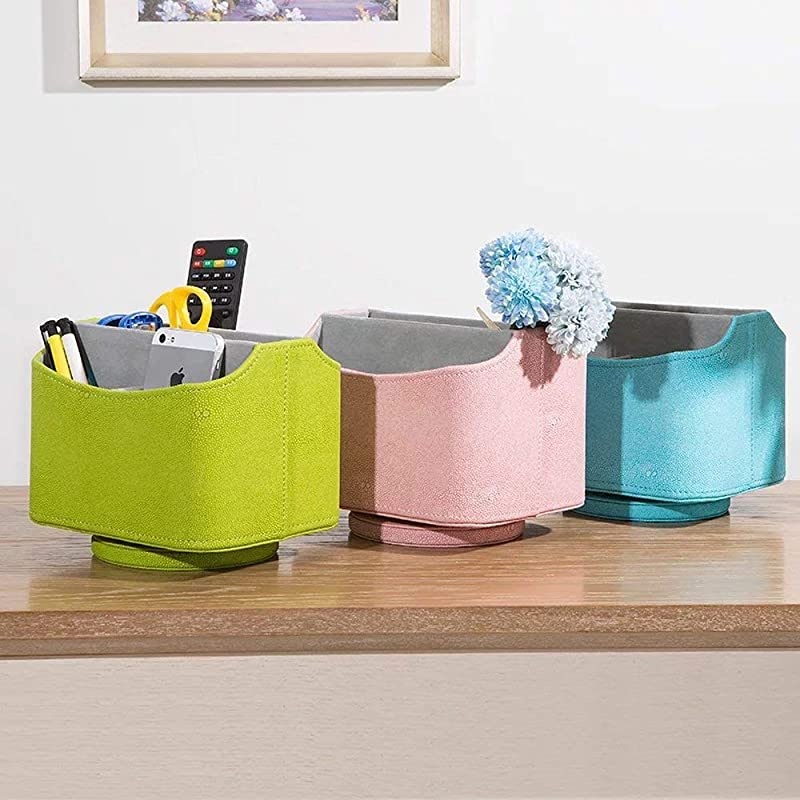 Colorful PU Leather 360 Degrees Rotatable Remote Control/Controller Organizer, Spinning TV Guide/Mail/Media Desktop Organizer Caddy Holder (Pink)