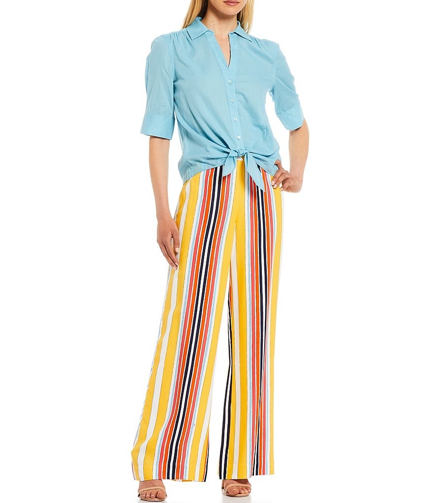 Trina Turk Makana Solid Cotton Short Sleeve Button Down Tie-Front Top