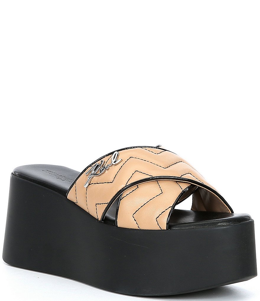 KARL LAGERFELD PARIS Ramona Chevron Stitch Leather Platform Wedge Slides