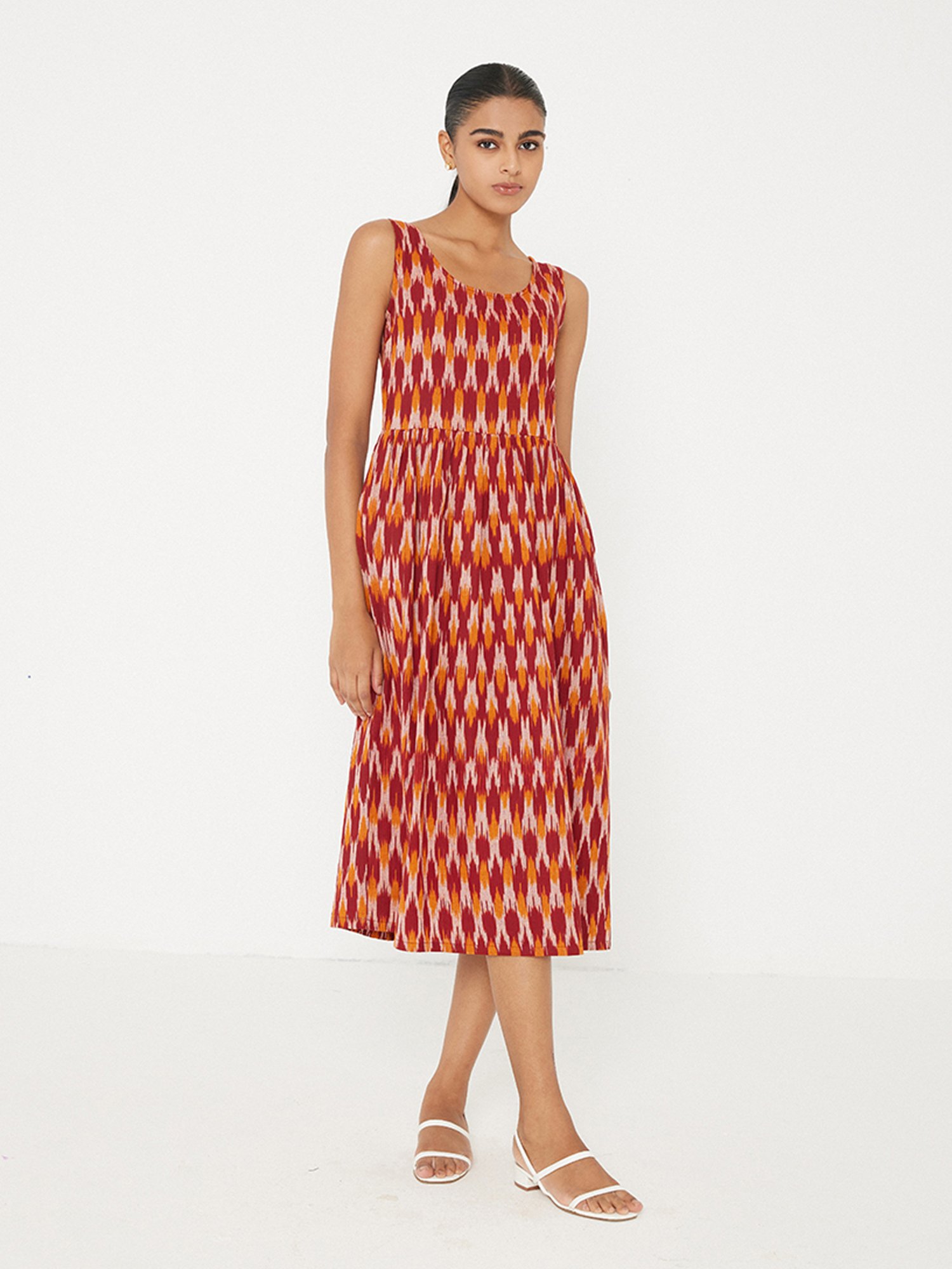 ANCESTRY Orange & Red Printed Midi Dress