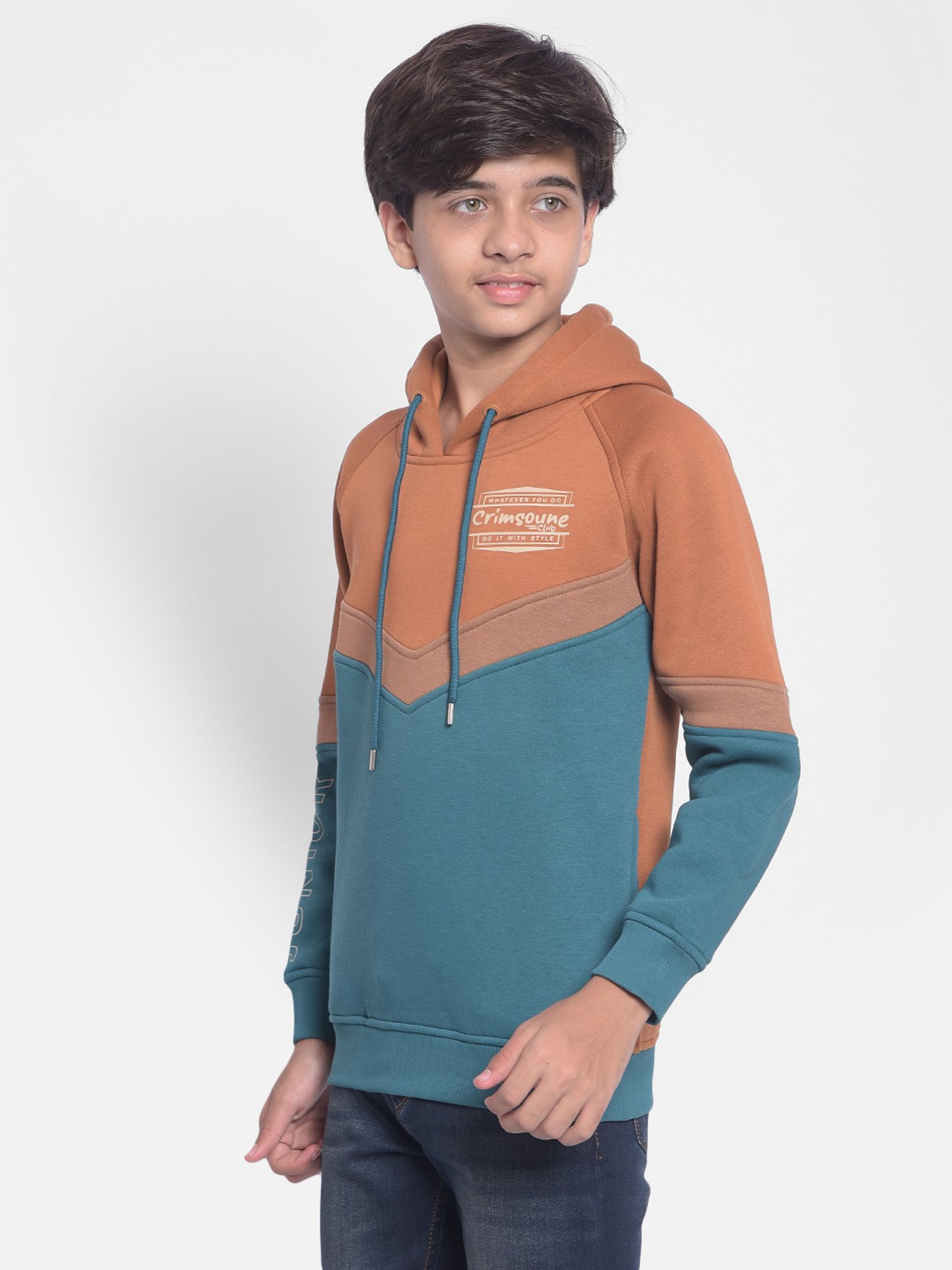 Crimsoune Club Kids Orange & Teal Color Block Full Sleeves Sweatshirt