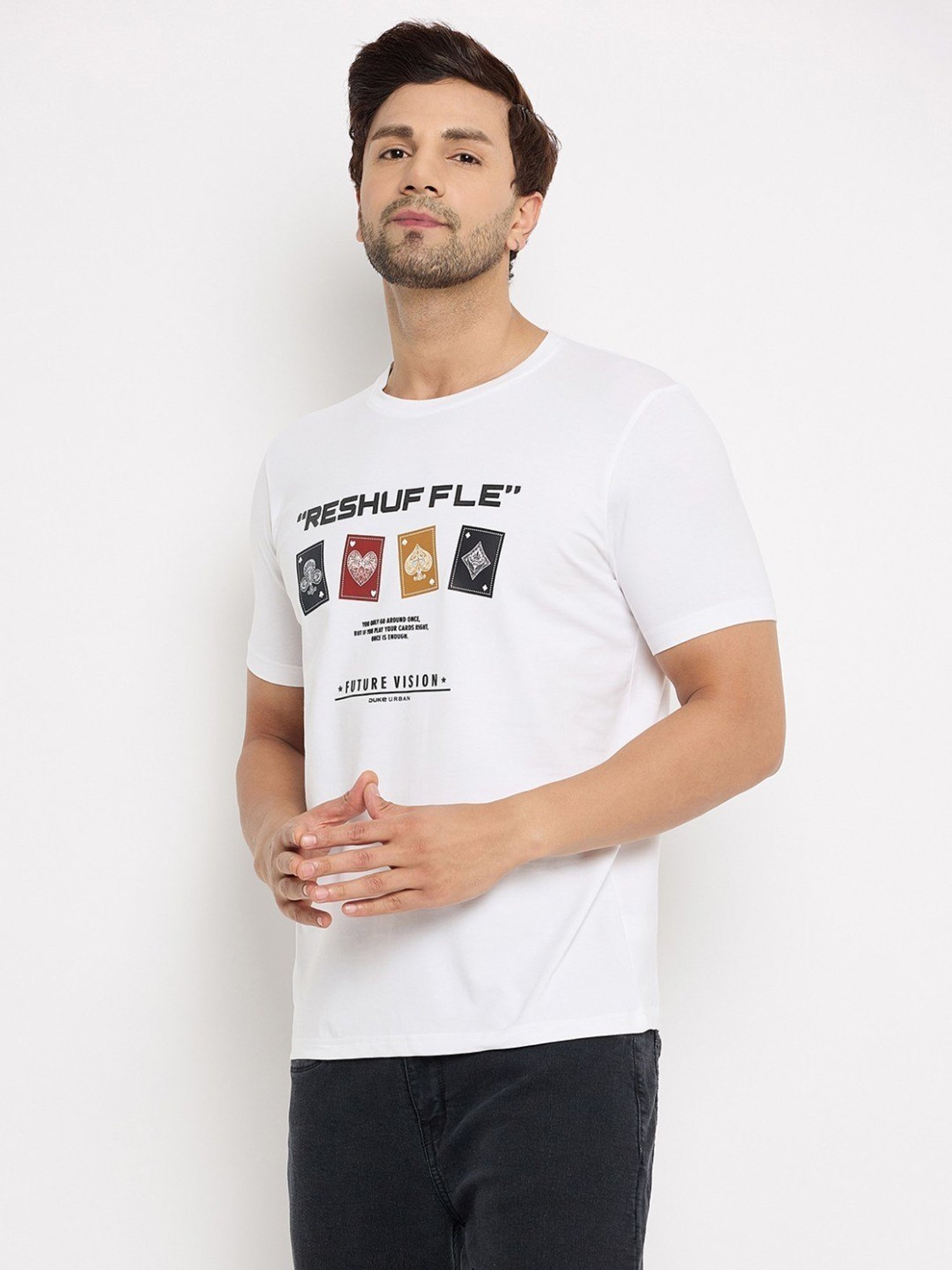 Duke White Slim Fit Printed T-Shirt