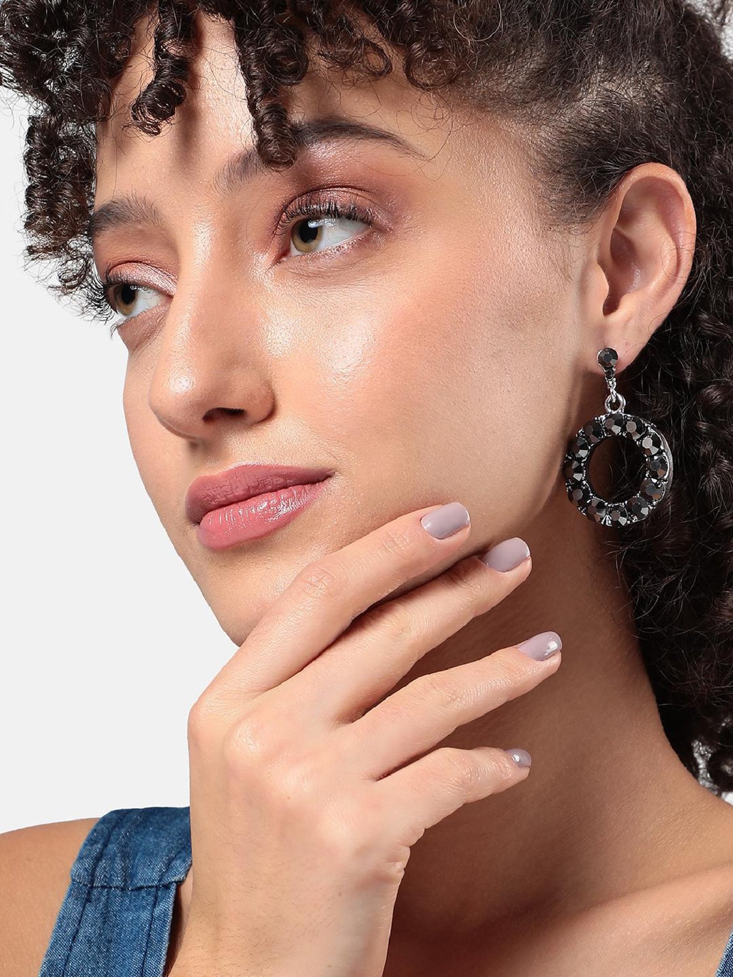 Sohi Women's Stone Hollow Circular Drop Earrings  Dark Silver