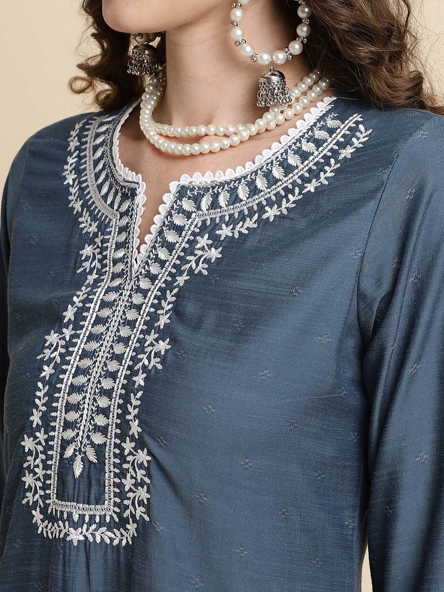 Sringam Blue Embroidered Kurti Pant Set