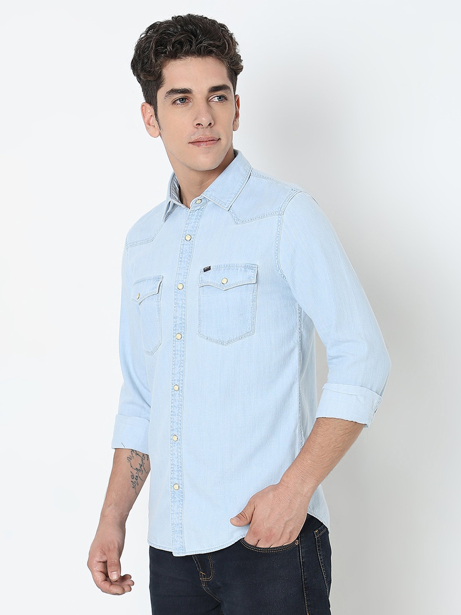 Kuons Avenue Cobalt Blue Slim Fit Denim Shirt