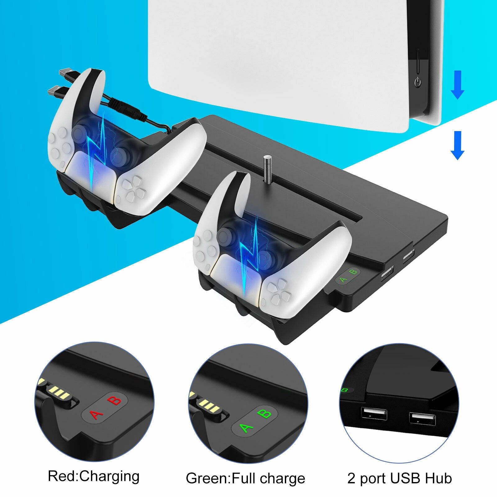 For PS5 UHD/DE Console Vertical Stand Controller Charging Dock Ston 2 USB Hub