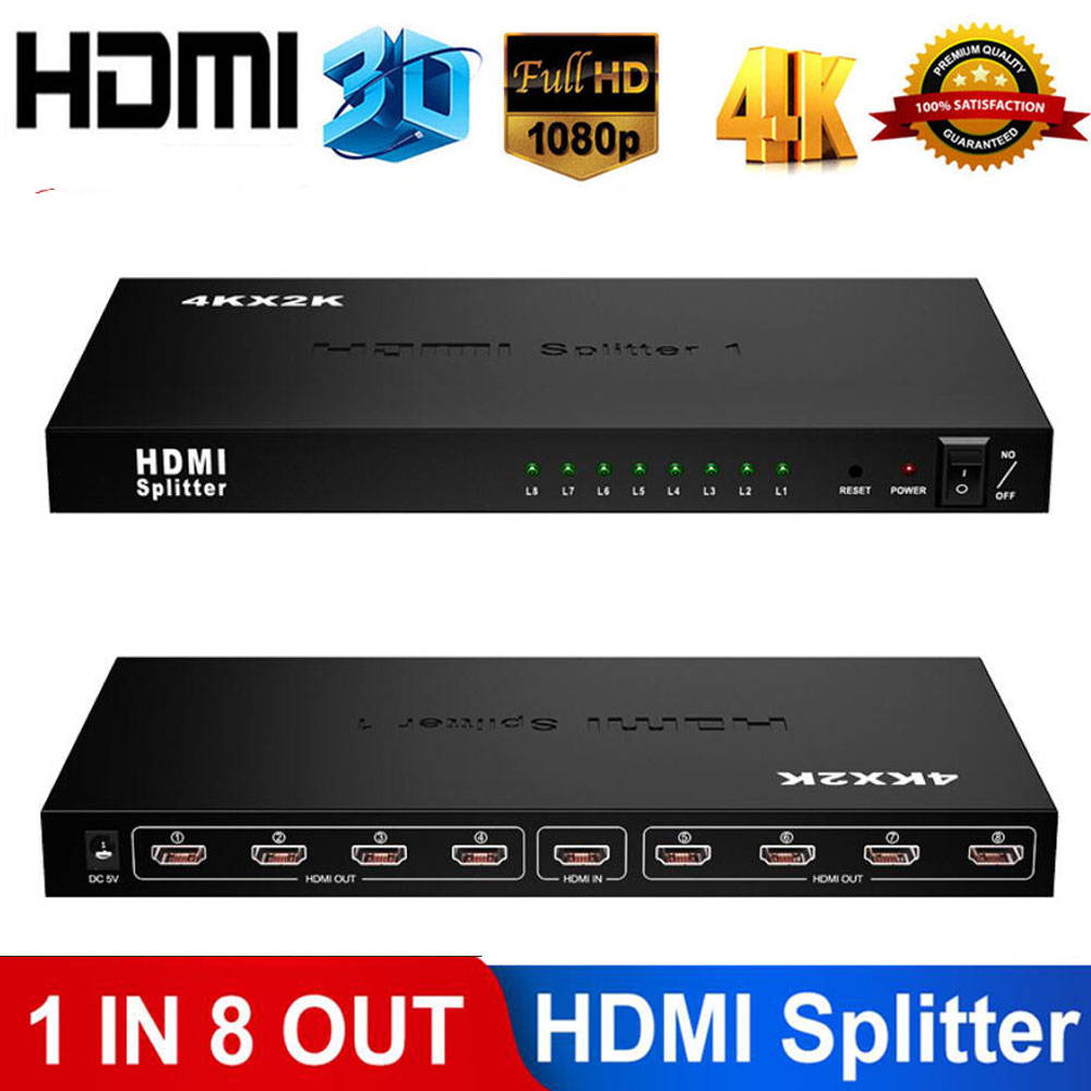 4K 1x8 HDMI Splitter, 1 in 8 Out HDMI Splitter Audio Video Distributor Box Support Full HD 3D & 4K x 2K Compatible for PS 3/4, Xbox,HDTVs, projectors, PC monitors,Blu-ray DVD player- Adapter Included