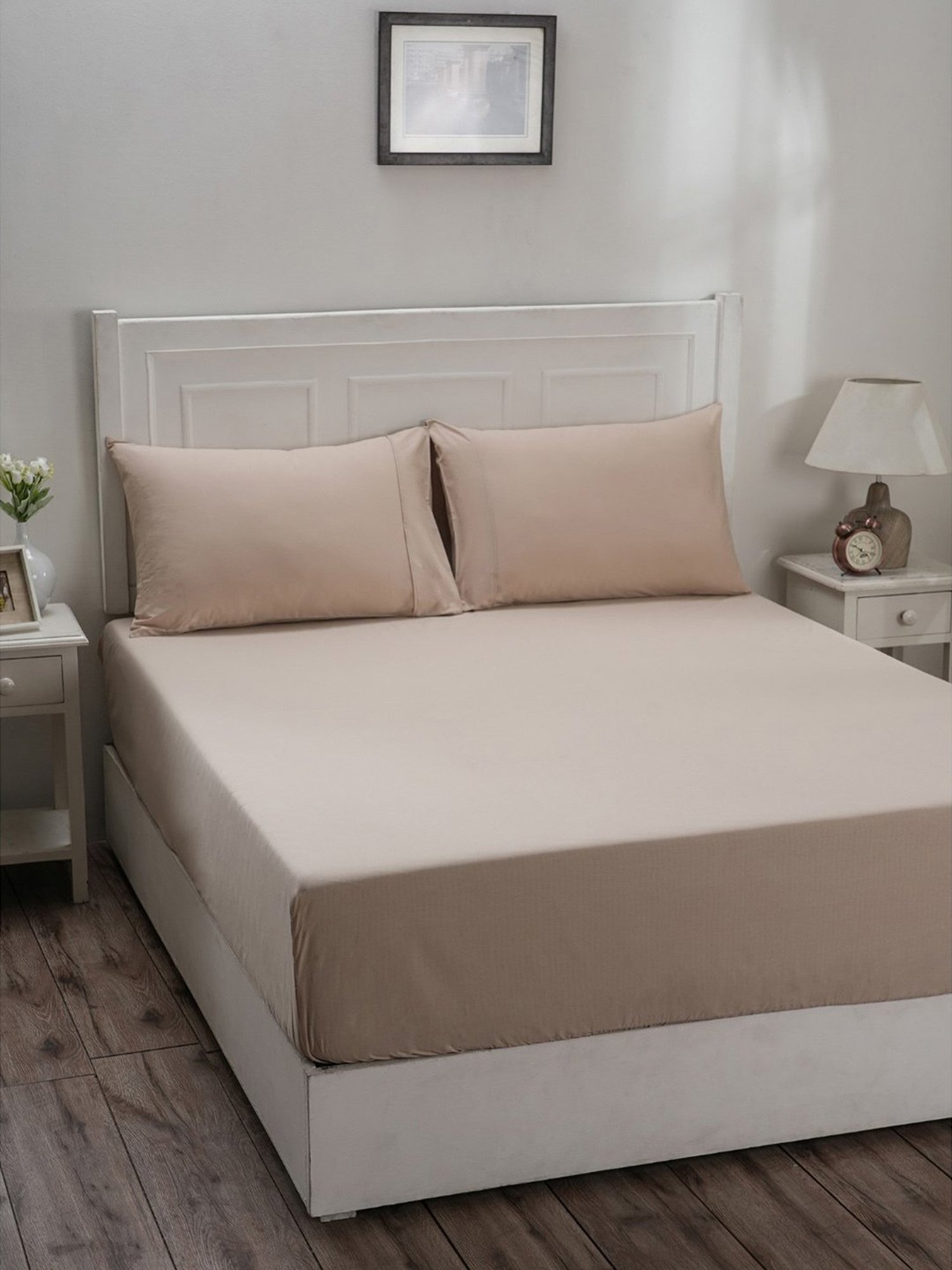 Maspar Colorart Eden Sand Beige 144 TC Cotton Single Fitted Bed Sheet With 1 Pillow Cover