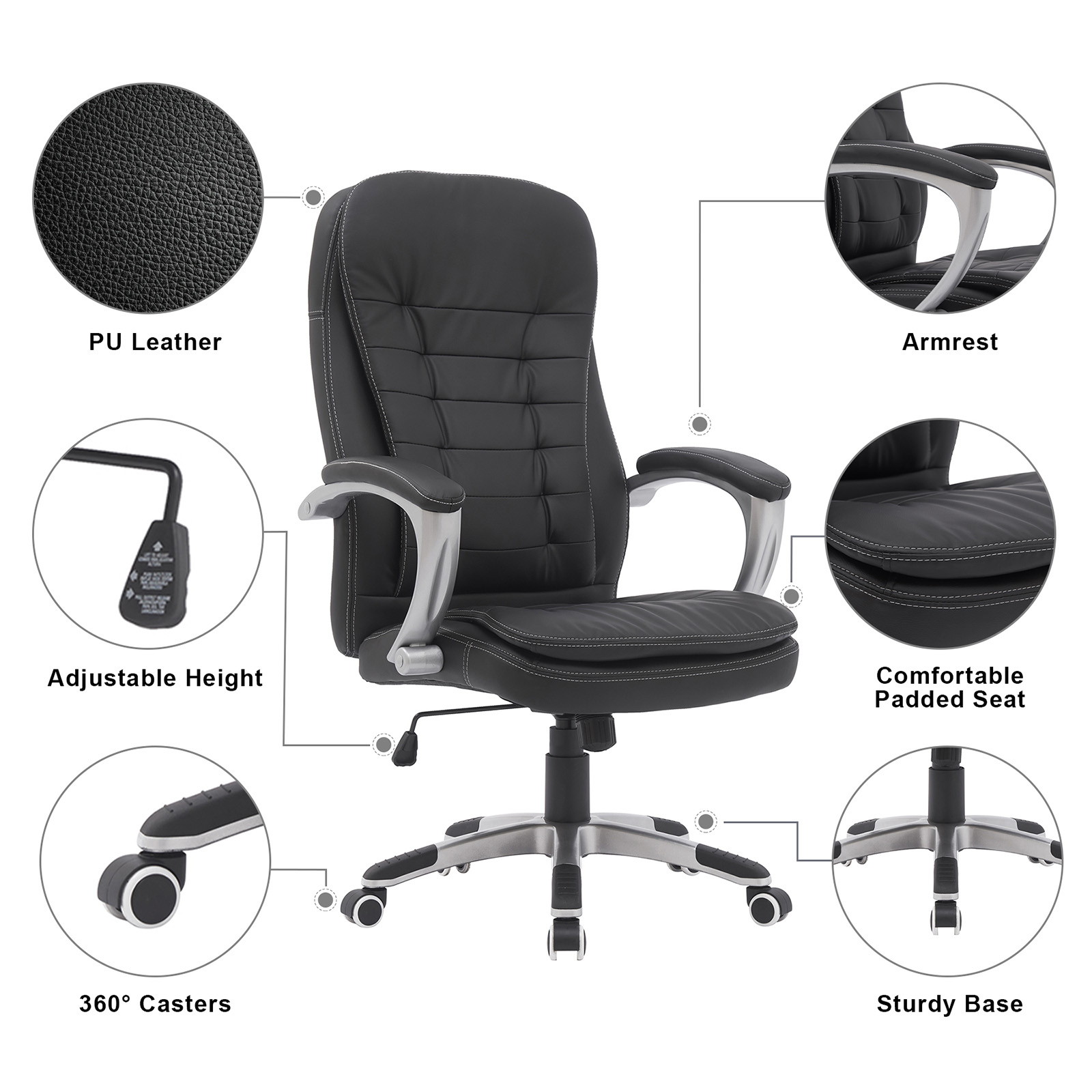 YOUTHUP Office Chair Computer High Back Adjustable Ergonomic Desk Chair Executive PU Leather Swivel Task Chair with Armrests Lumbar Support,Black