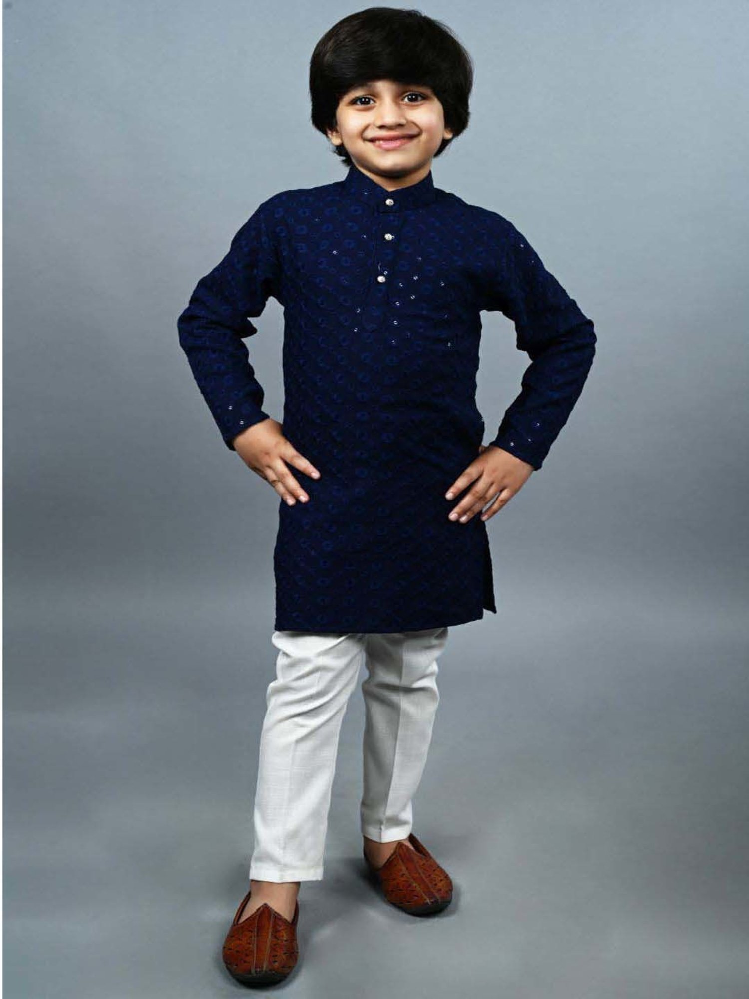 Ahhaaaa Kids Blue & White Cotton Embroidered Full Sleeves Kurta Set