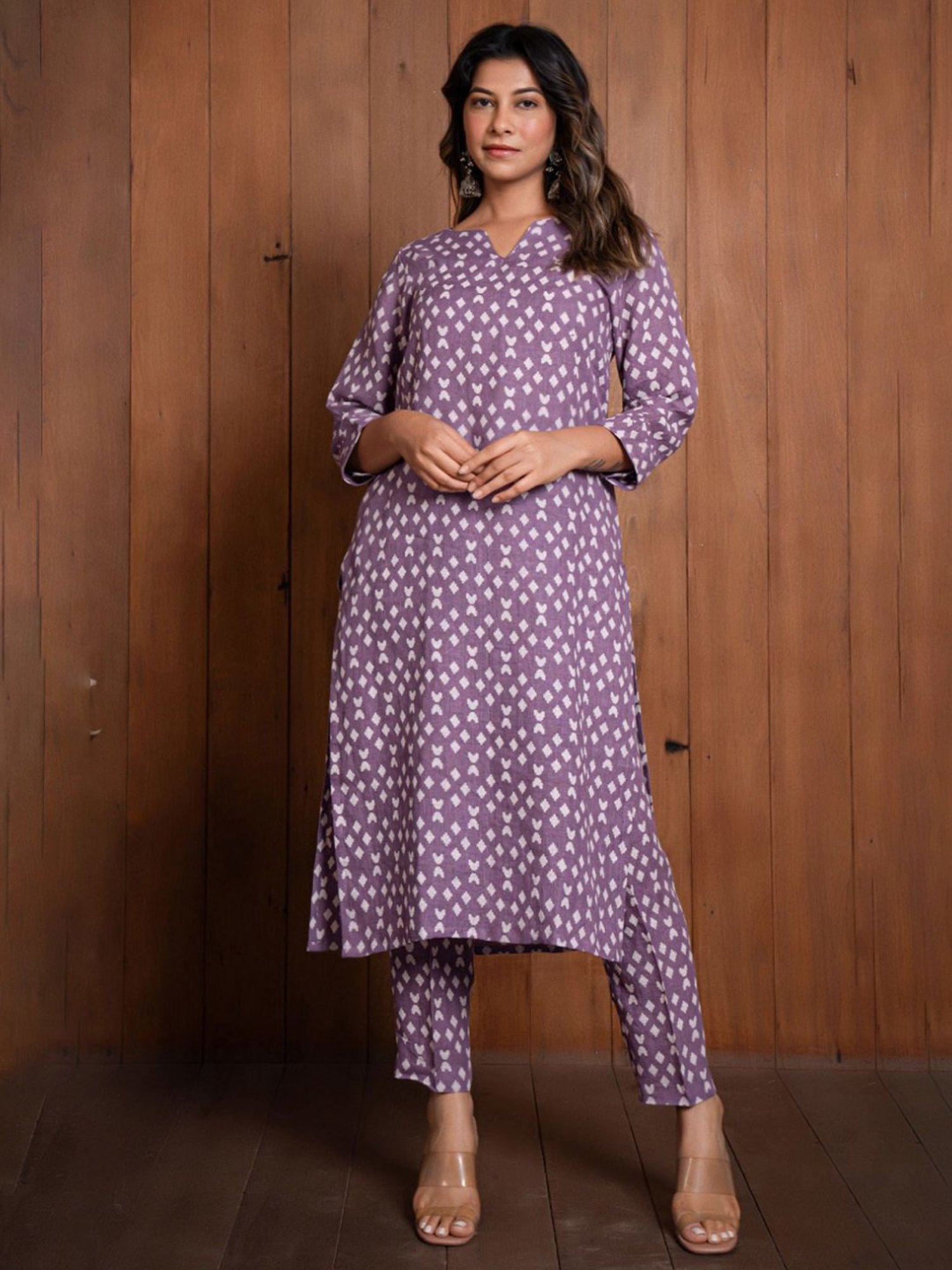 Eeshva India Lavender Geometric Print Pure Linen Kurta