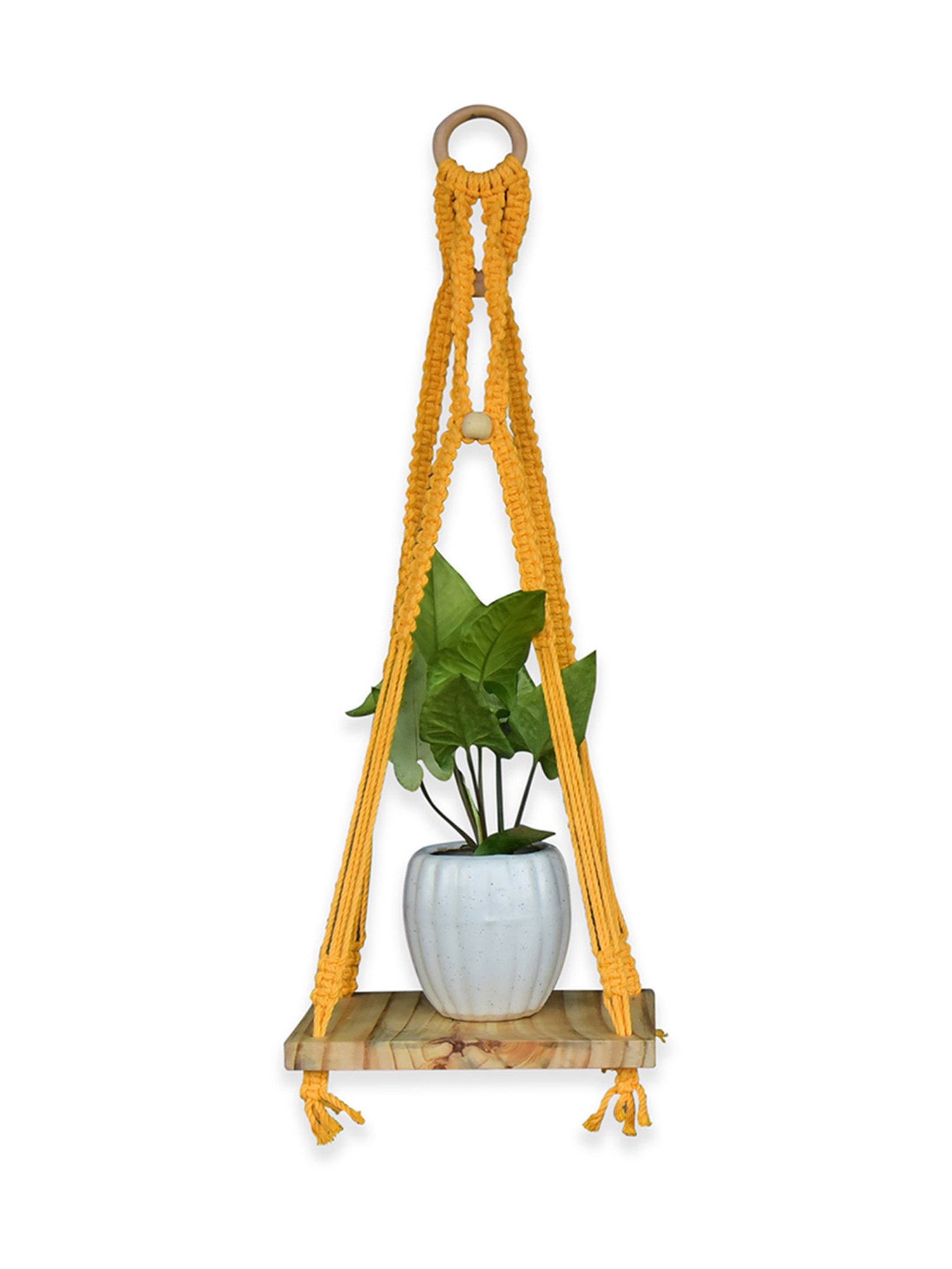 Gathari Macram&iquest; Yellow Pine Wood Wall Hanging Shelf