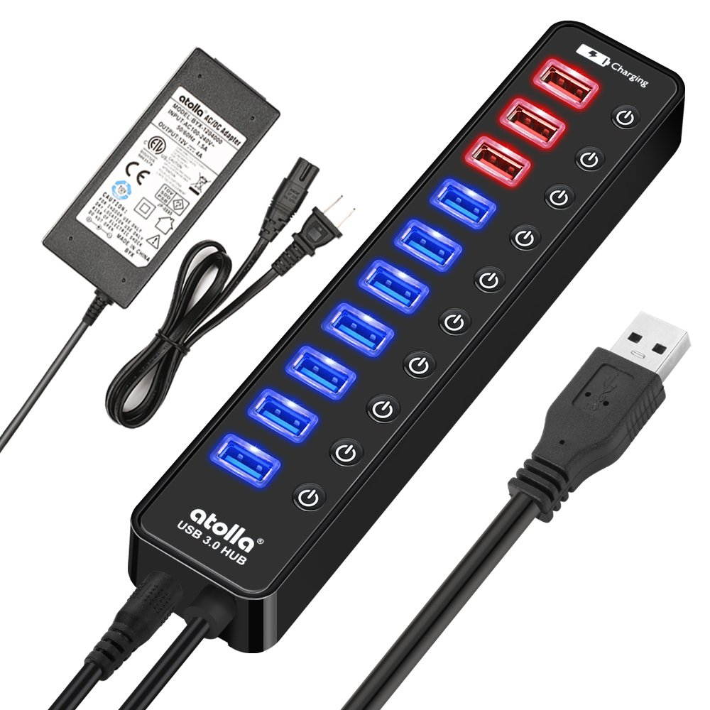 USB 3.0 Hub, atolla 4 Ports Super Speed USB 3 Hub Splitter with On Off Switch with 1 USB Charging Port (Cable Length 2 Feet, No AC Adapter) (4-Port hub)