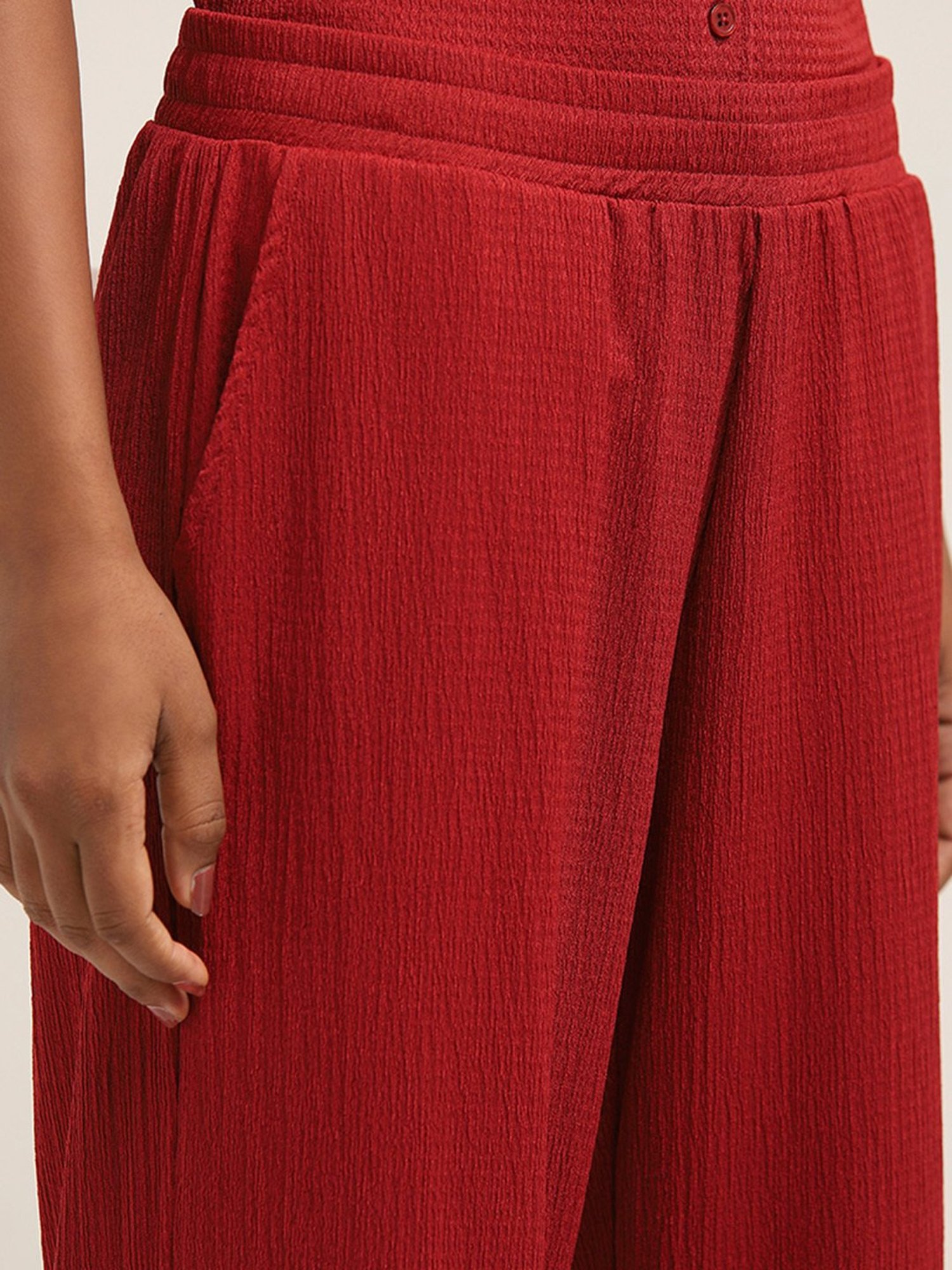 Superstar by Westside Red Crinkle-Textured High-Rise Pants