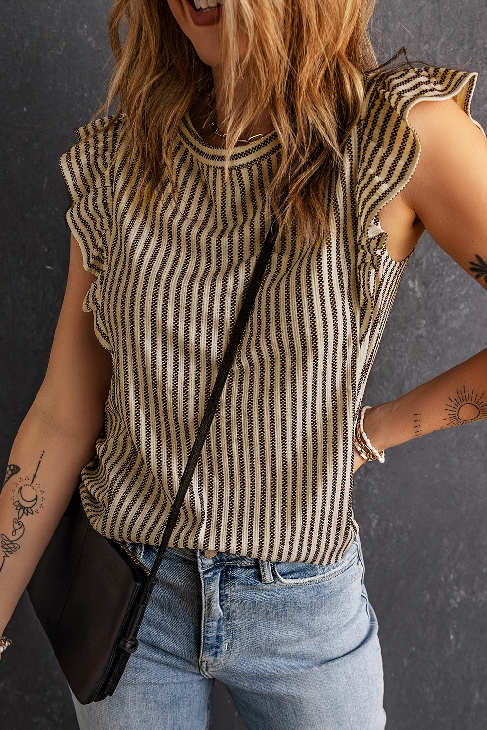 Khaki Striped Print Ruffle Casual Summer Top