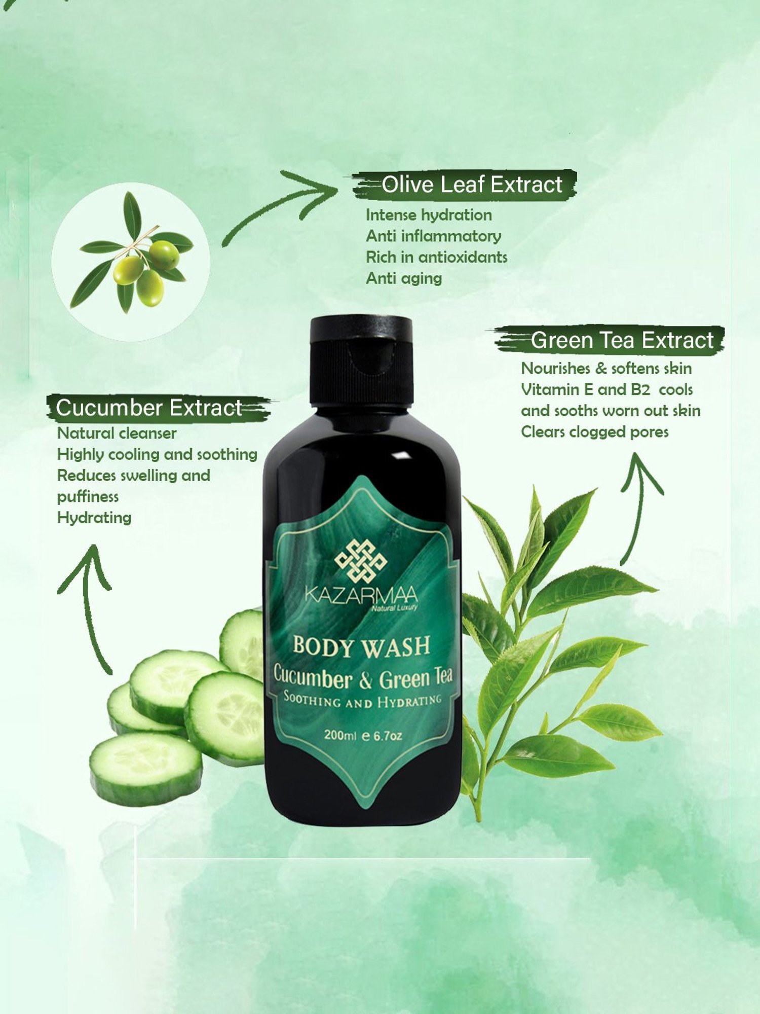 Kazarmaa Soothing, Hydrating Cucumber & Green Tea Body Wash with Loofah - 200 ml