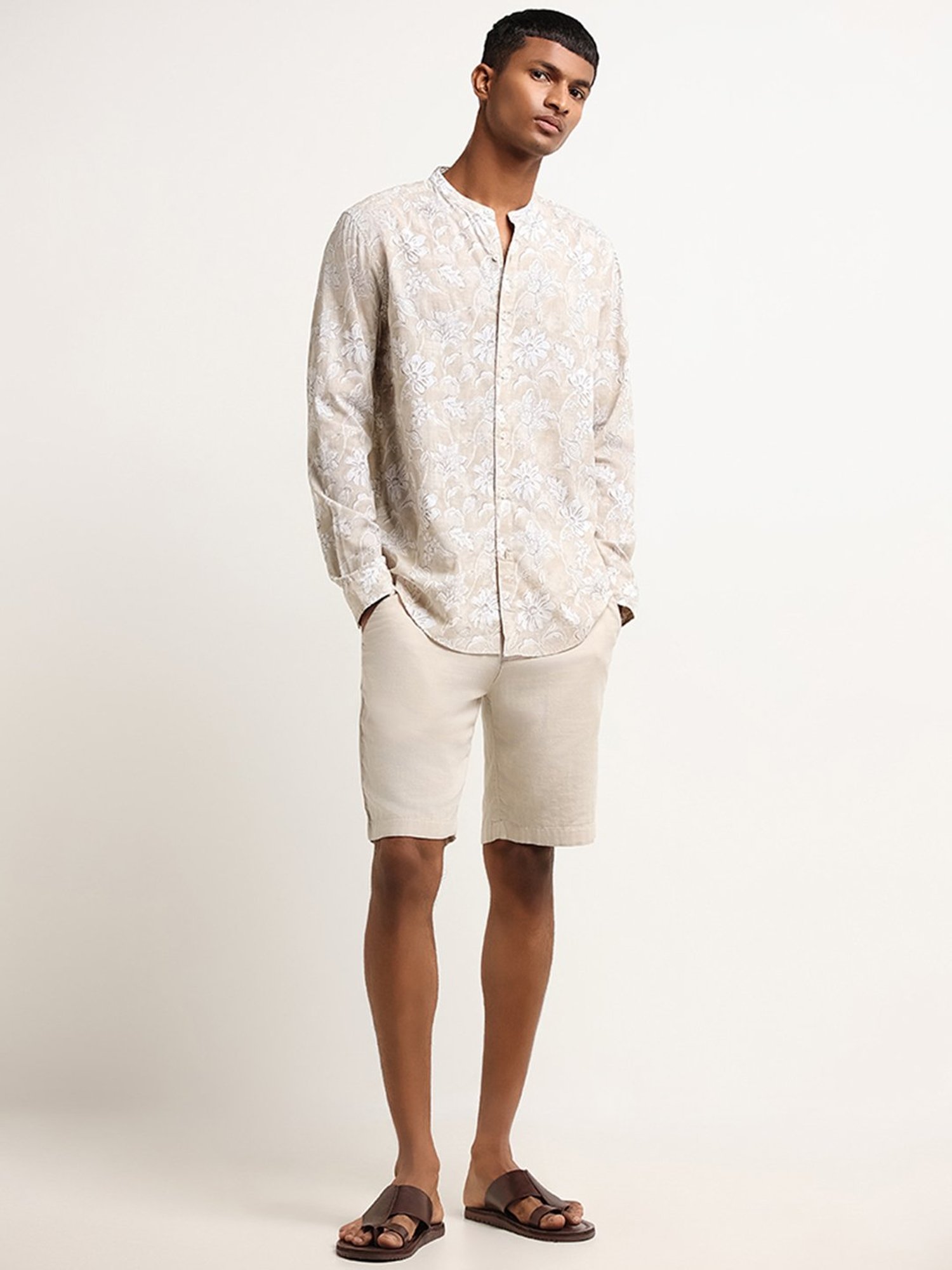 ETA by Westside Beige Botanical Print Grandad Relaxed Fit Shirt