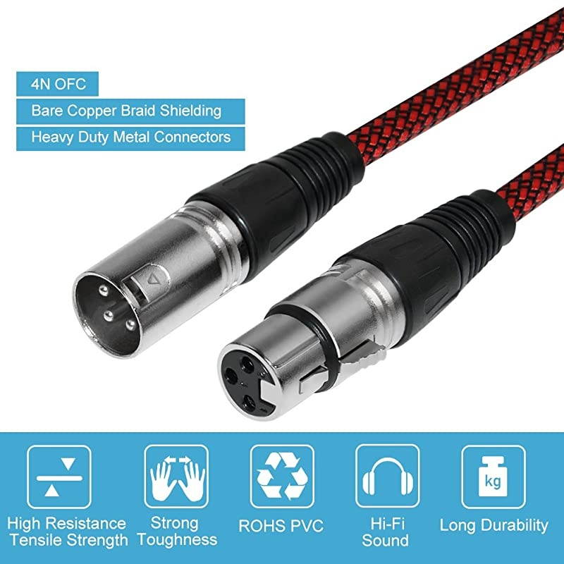 XLR Cable 3ft Male to Female,  Microphone XLR Cable 3 Pin Nylon Braided Balanced XLR Cable Mic DMX Cable Patch Cords with Oxygen-Free Copper Conductors