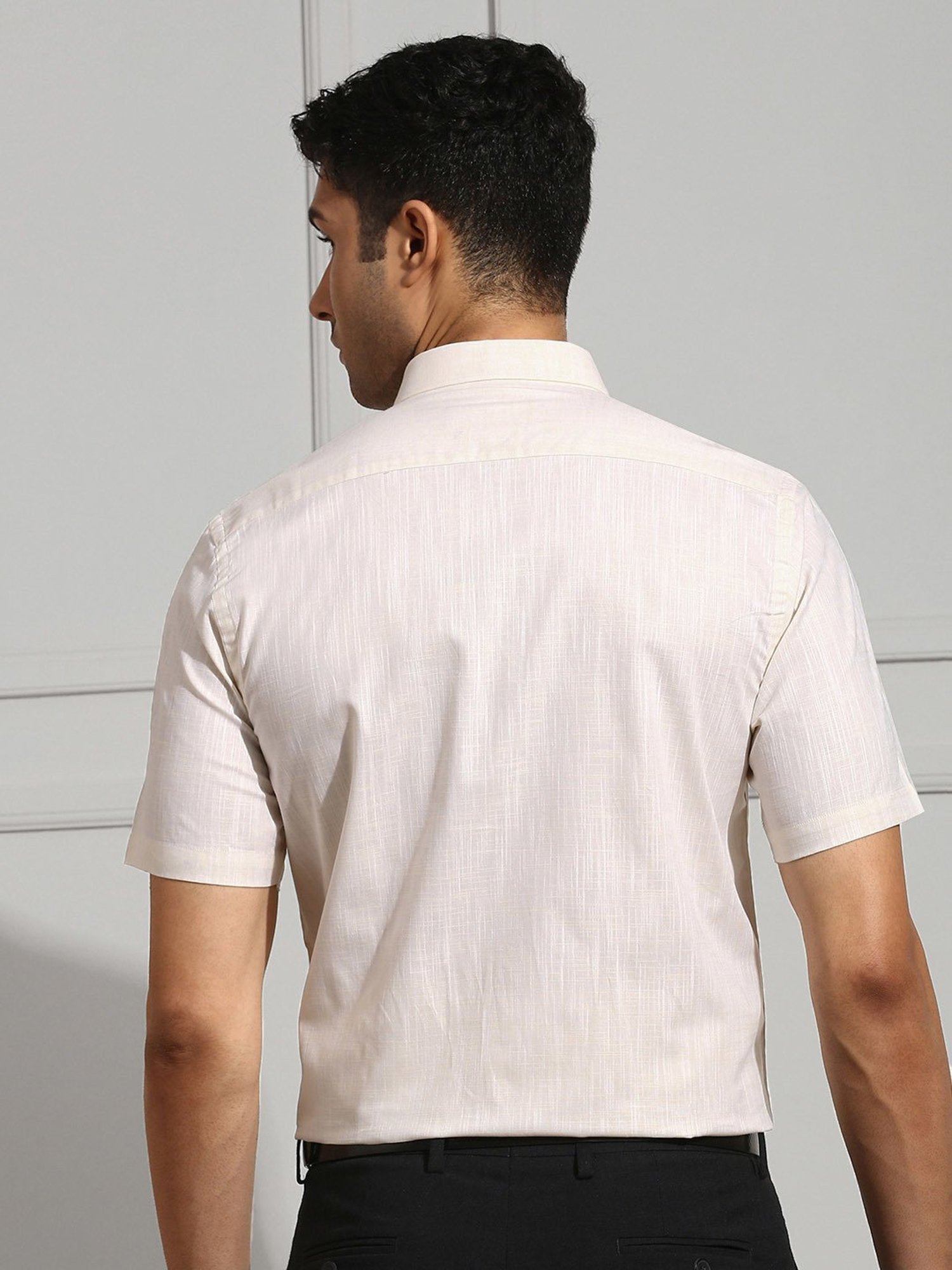 Ramraj Cream Regular Fit Textured Cotton Shirt
