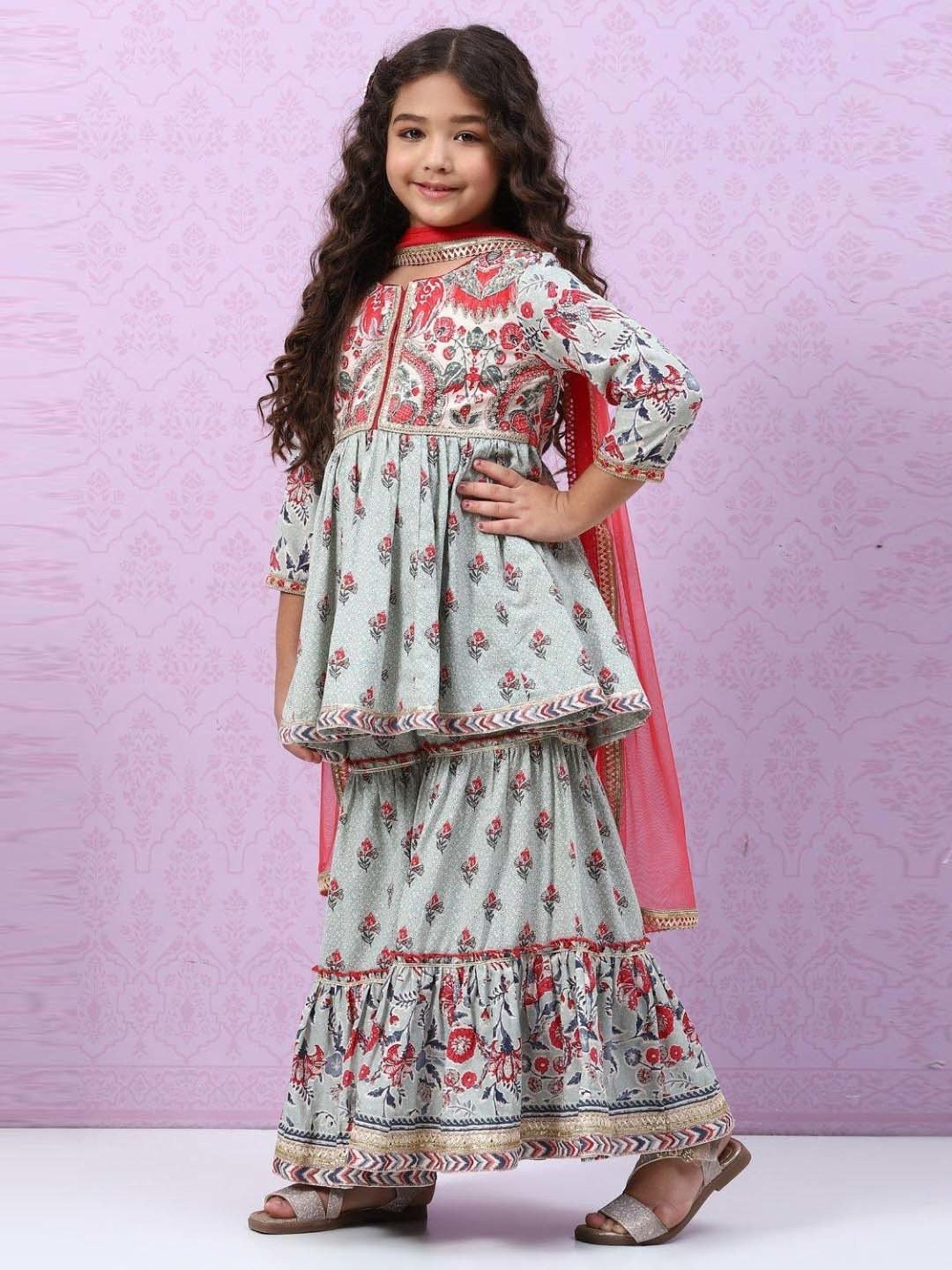 Biba Kids Smokey Blue & Pink Cotton Printed Kurta Set