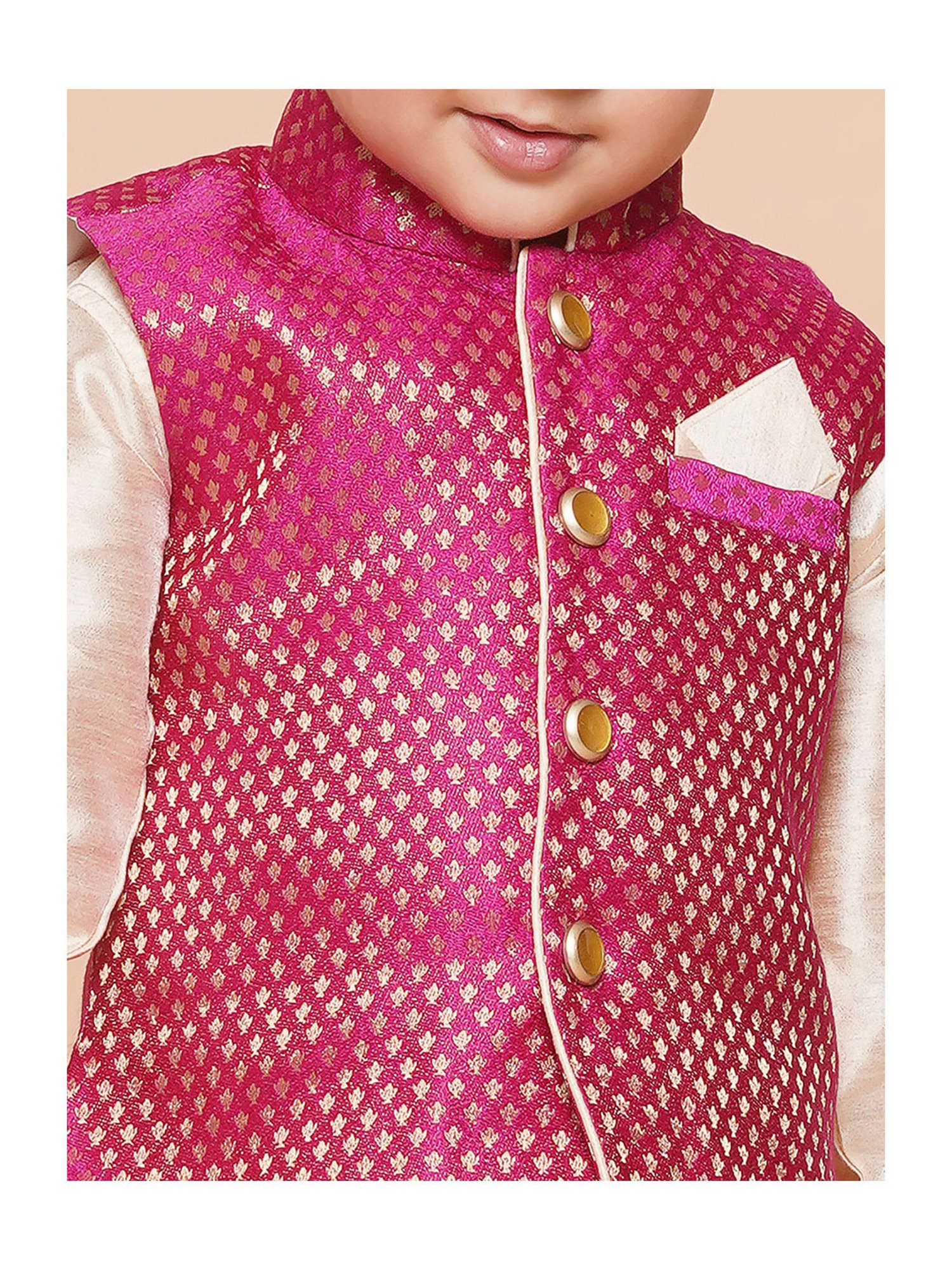 AJ Dezines Kids Beige & Pink Self Design Full Sleeves Kurta, Dhoti with Waistcoat