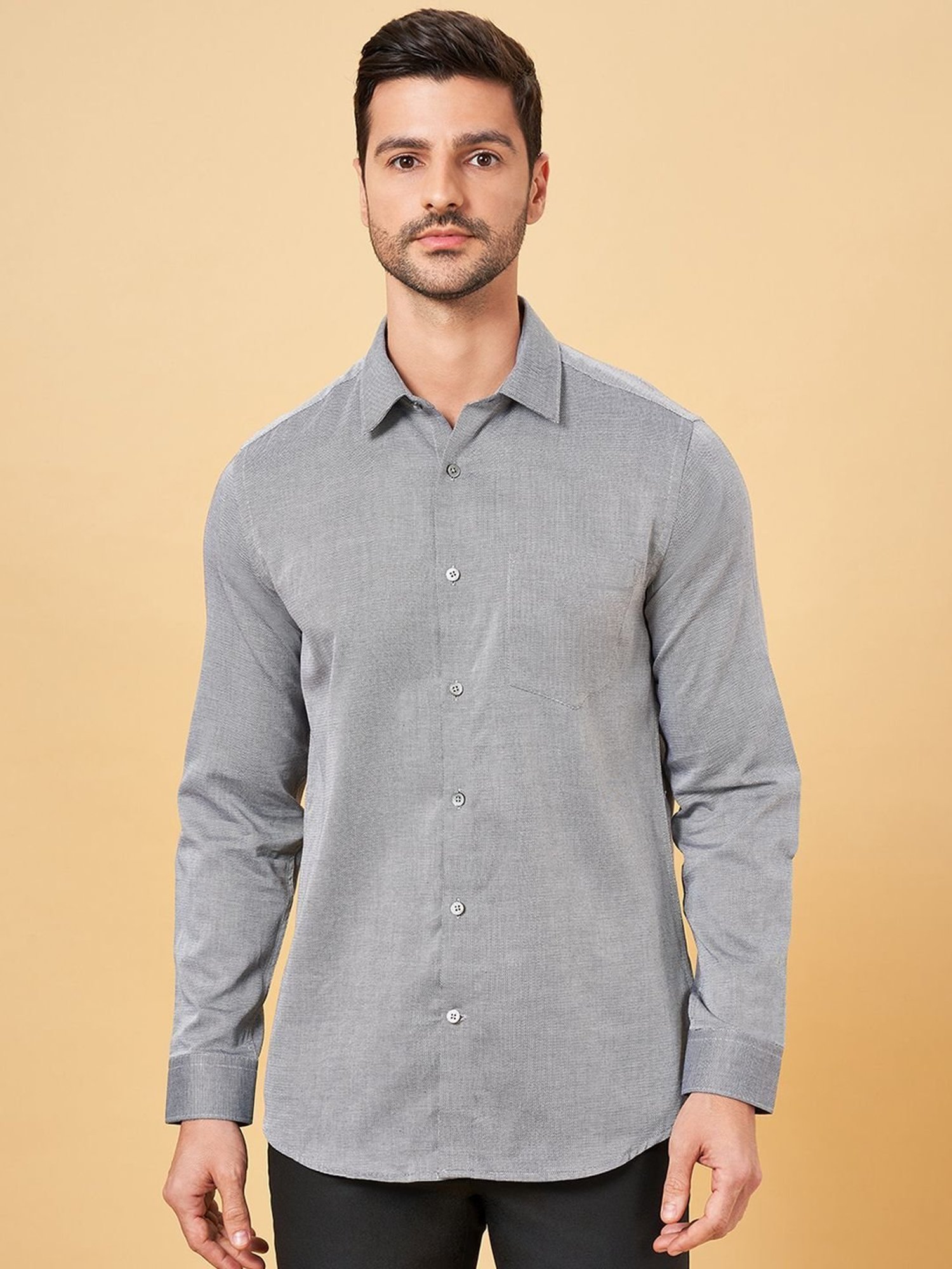 Peregrine by Pantaloons Light Grey Cotton Slim Fit Texture Shirt