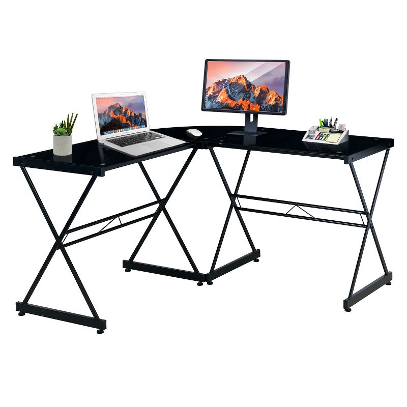 L Shaped Glass Computer Desk Black - Techni Mobili